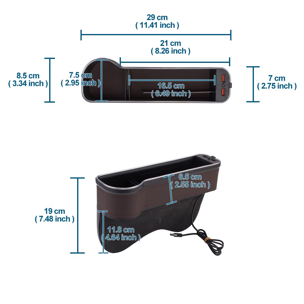 JSCARLIFE 2 Pack Car Seat Gap Organizer with USB Charger & LED Light - Storage Box for Front Seat Gaps, Includes Cup Holder & Cigarette Lighter (Brown) - Perfect for Organizing Phones, Keys, Wallets in Sedans, SUVs and Trucks