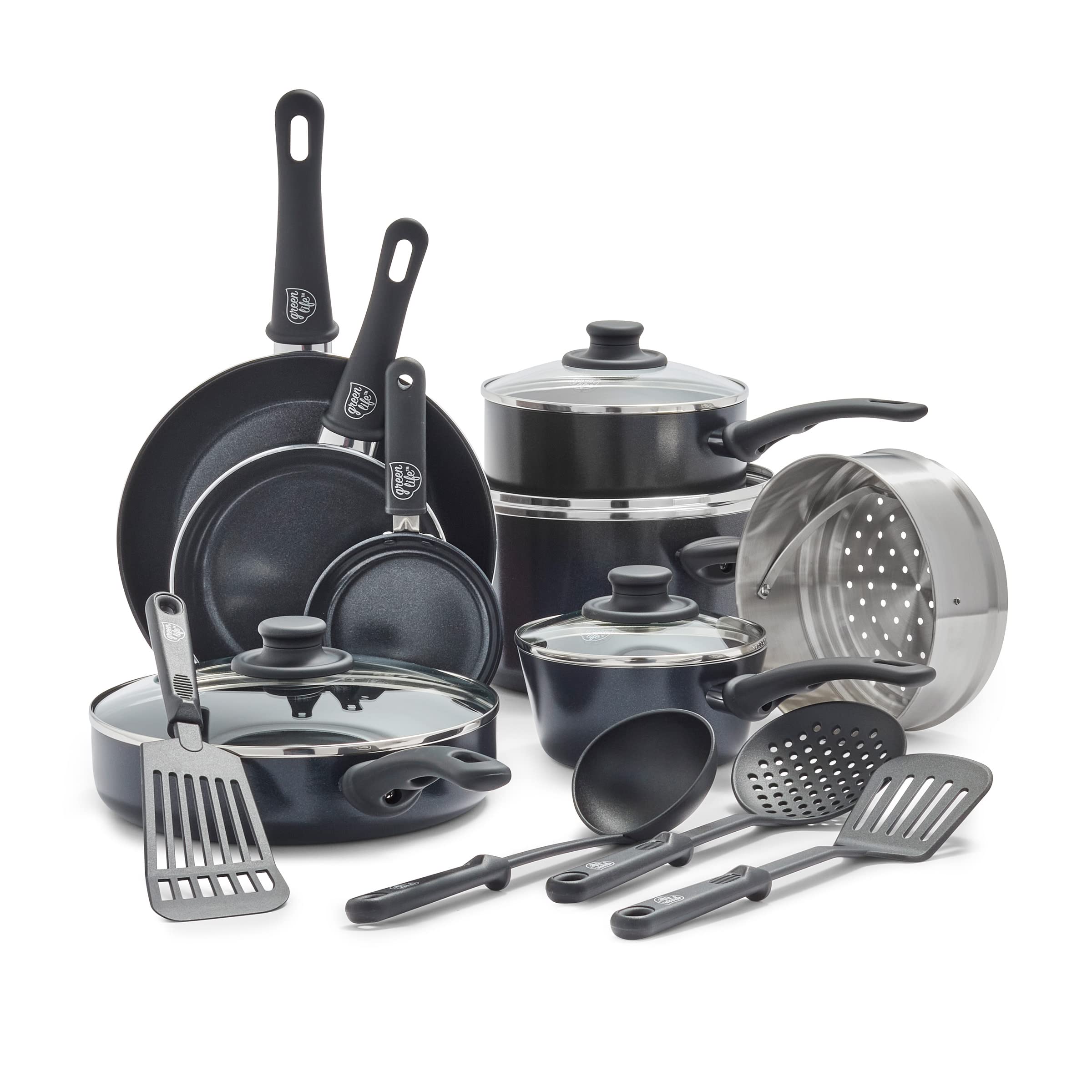 GreenLife Soft Grip 16-Piece Non-Toxic Ceramic Nonstick Cookware Set - PFAS-Free, Wobble-Free Design with Glass Lids & Stay-Cool Handles - Oven & Dishwasher Safe Frying Pan, Saucepan, Saute Pan & Utensils - Perfect for Healthy Cooking, Family Meals & Everyday Kitchen Use