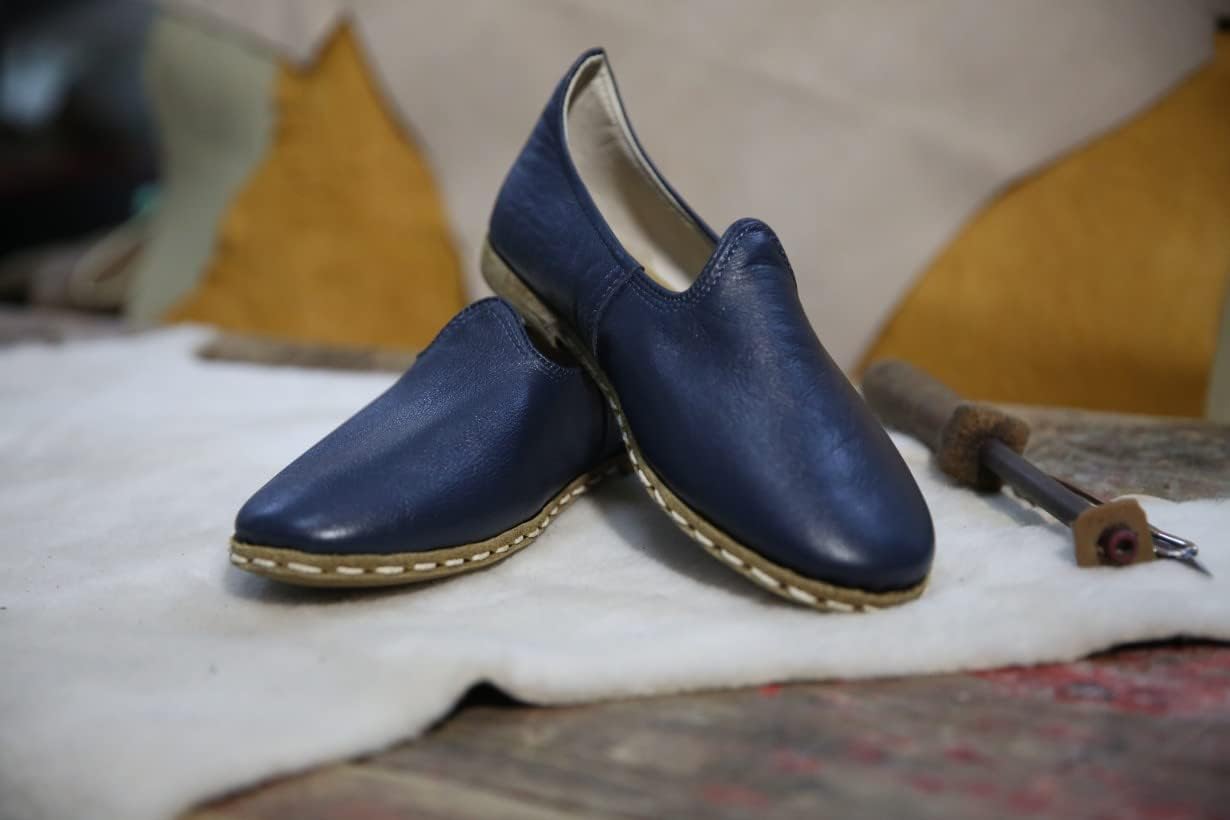 Authentic 100% Handmade Genuine Leather Men's Turkish Saracli Slippers - Lightweight & Breathable - Navy Blue Size 10 - Perfect for Home, Lounge & Travel Comfort