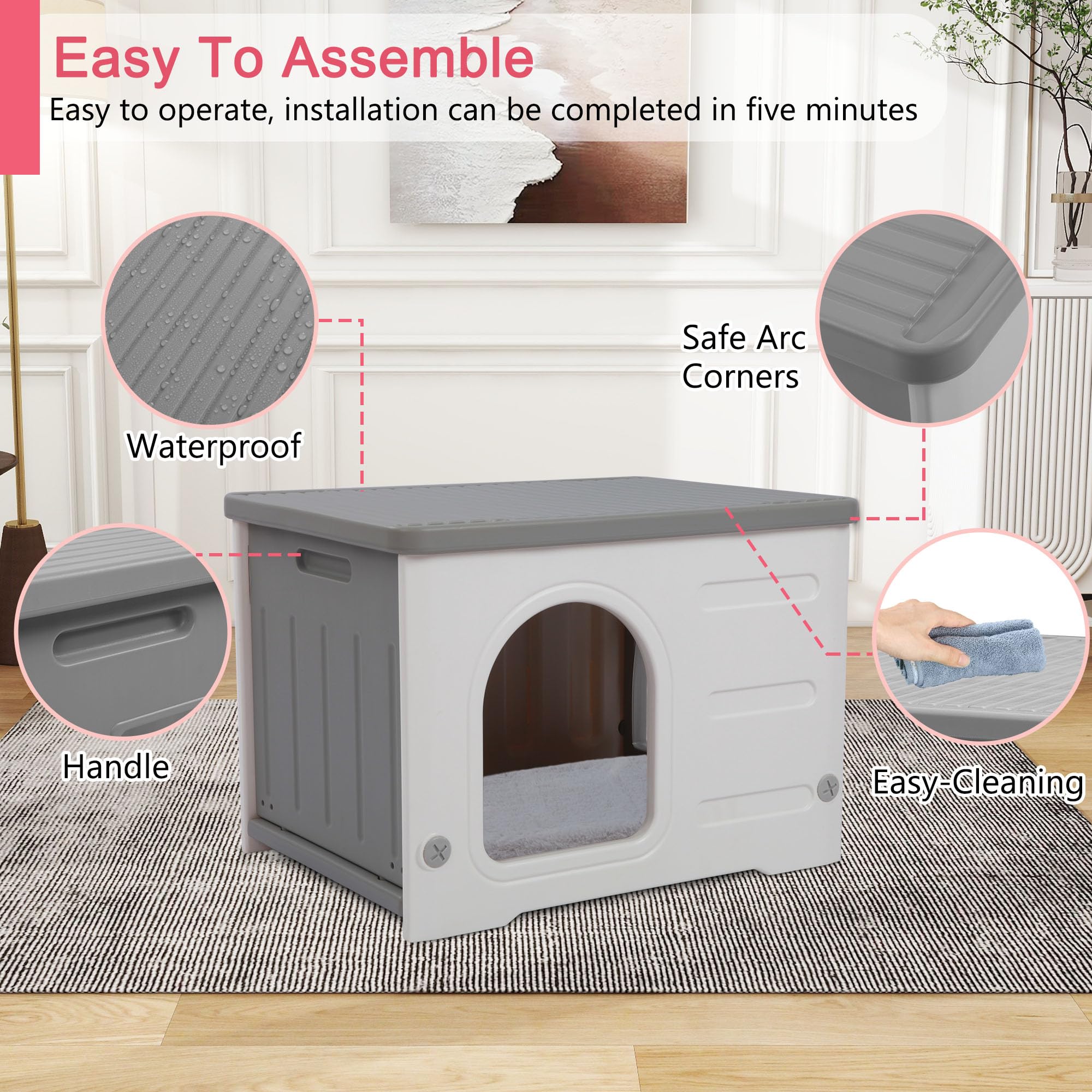 Rockever Waterproof Outdoor Cat House with Escape Door & Bed Mat - Sturdy Indoor/Outdoor Shelter for Feral Cats, Easy Assembly (Grey) - Perfect for Backyard, Garden & Winter Protection