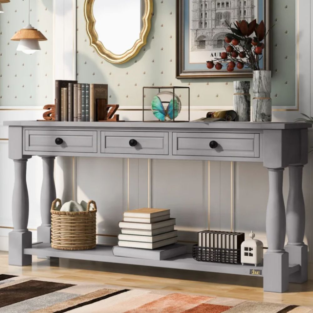 French Provincial Style Grey Wooden Pillar Console Table - Elegant Entryway Furniture for Hallway, Living Room & Foyer Decor