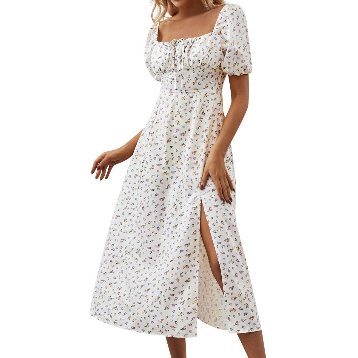 **Women's Summer Dresses 2025 - Puff Short Sleeve Long Boho Floral Dress with Square Neck & Thigh Split | Beach Vacation, Party & Casual Wear**