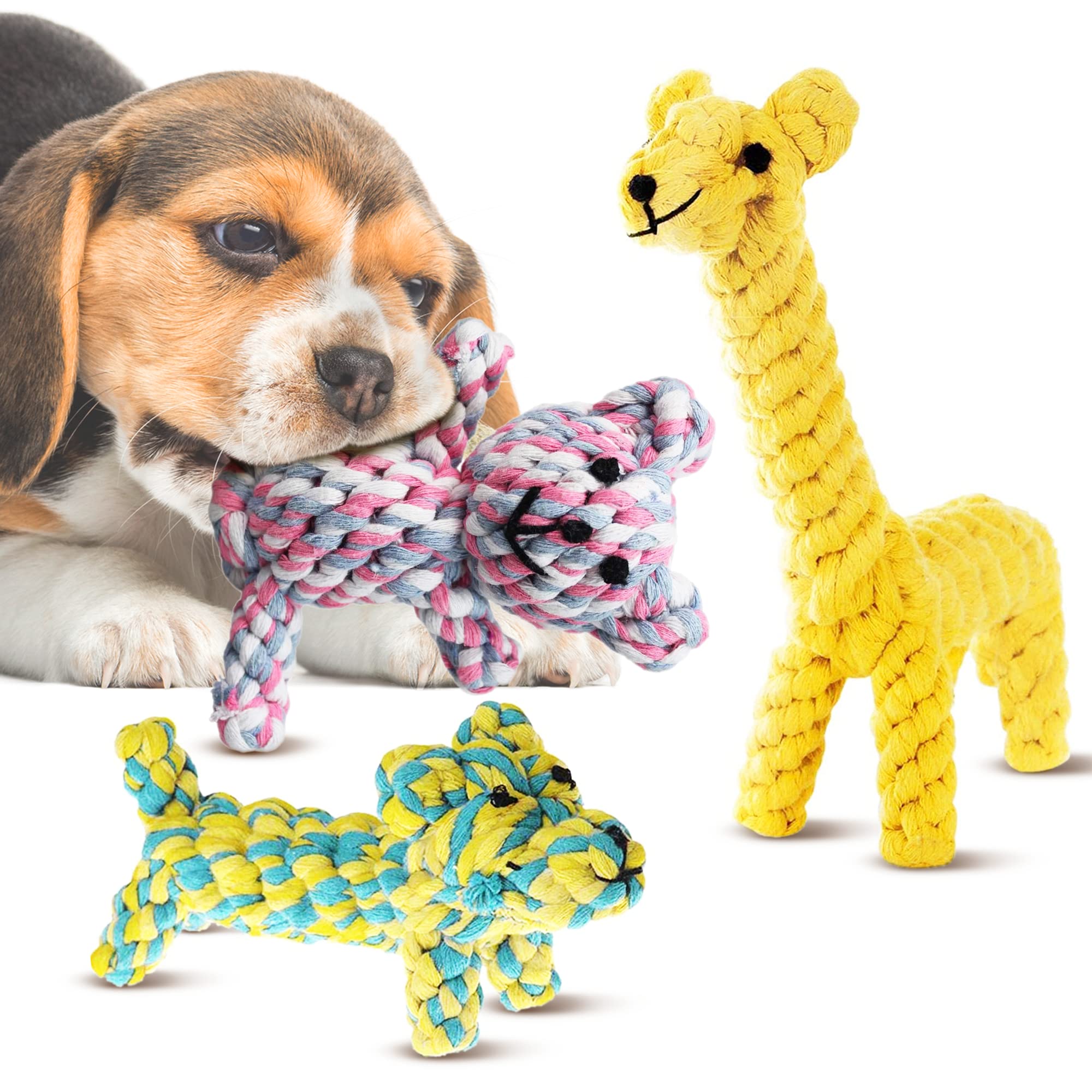 **SunGrow Cotton Rope Chew Toys for Puppies & Ferrets – Durable Teething Teddy Bear, Giraffe & Dog – Handwoven for Small Breeds – Promotes Healthy Teeth & Gums – Multicolor 3-Pack – Perfect for Playtime & Dental Care**
