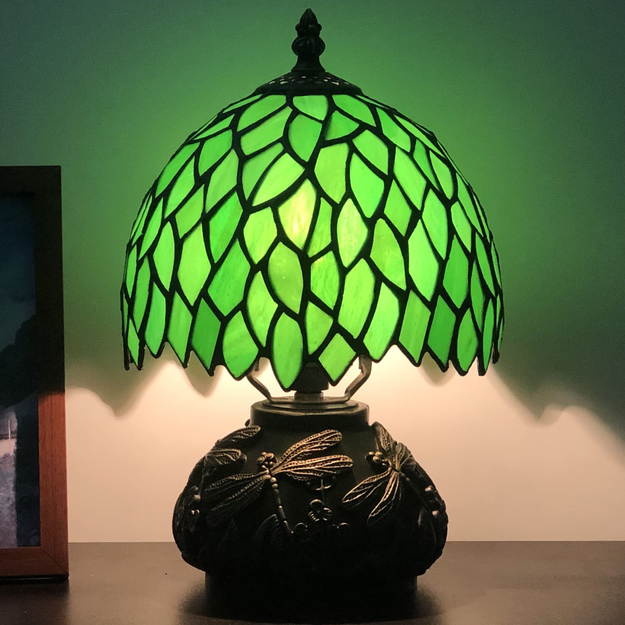 Small Tiffany Lamp - 8x11 Inch Green Leaf Stained Glass Table Lamp with Bronze Mushroom Resin Base - Mini Accent Lighting for Bedroom, Living Room & Office Decor | Vintage Style Home Lighting