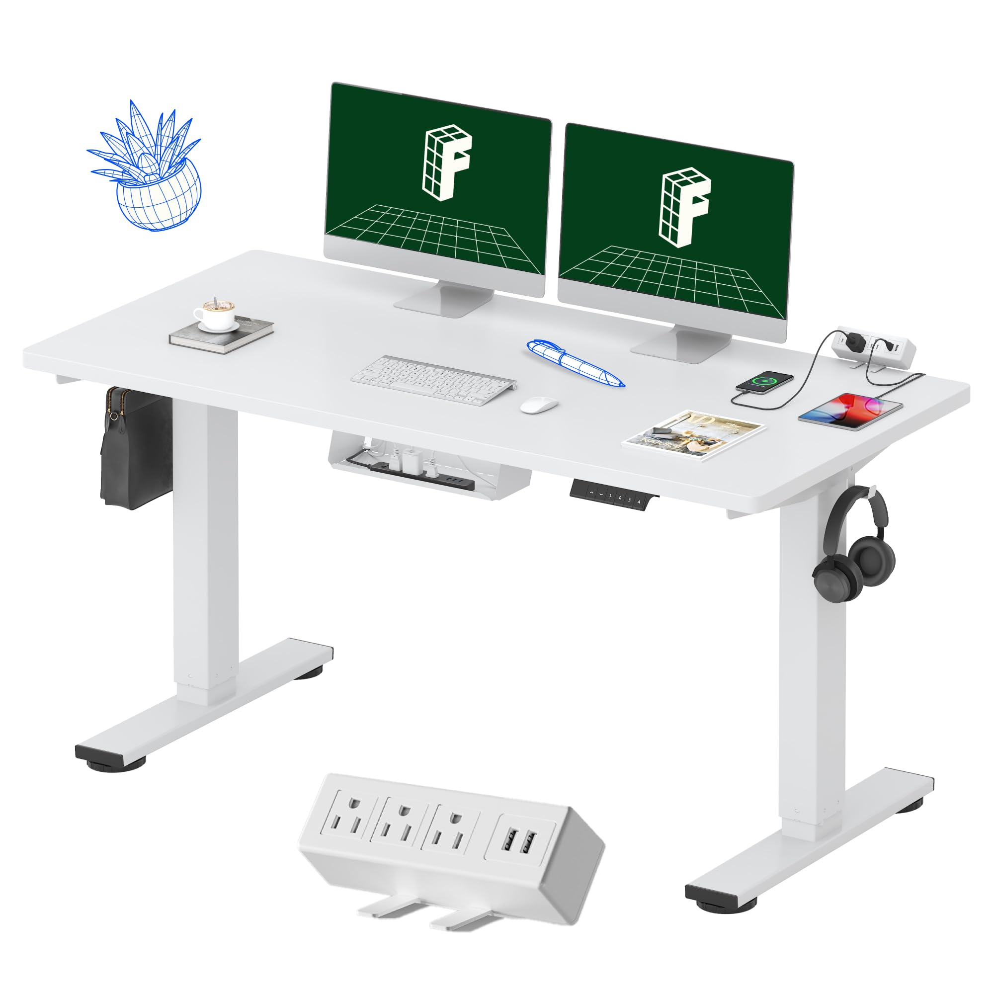 FLEXISPOT EN2 Electric Standing Desk 55 x 28 Inches - Height Adjustable Workstation with Built-in Power Strip & Cable Management (White Frame + White Desktop) - Perfect for Home Office, Gaming & Workspace Ergonomics