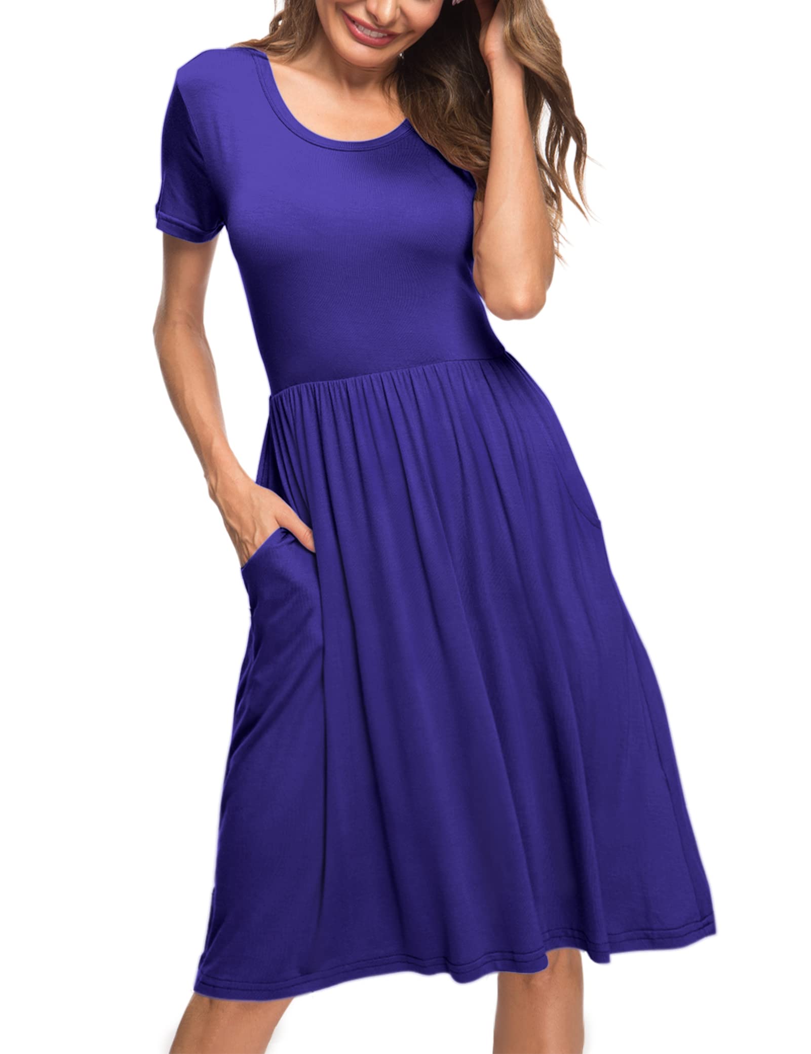 AUSELILY Women's Summer Short Sleeve Empire Waist Dress - Pleated Flowy Swing Dress with Pockets, Knee Length Casual Dress for Women 2025 | Perfect for Beach Vacation, Brunch Dates & Office Wear