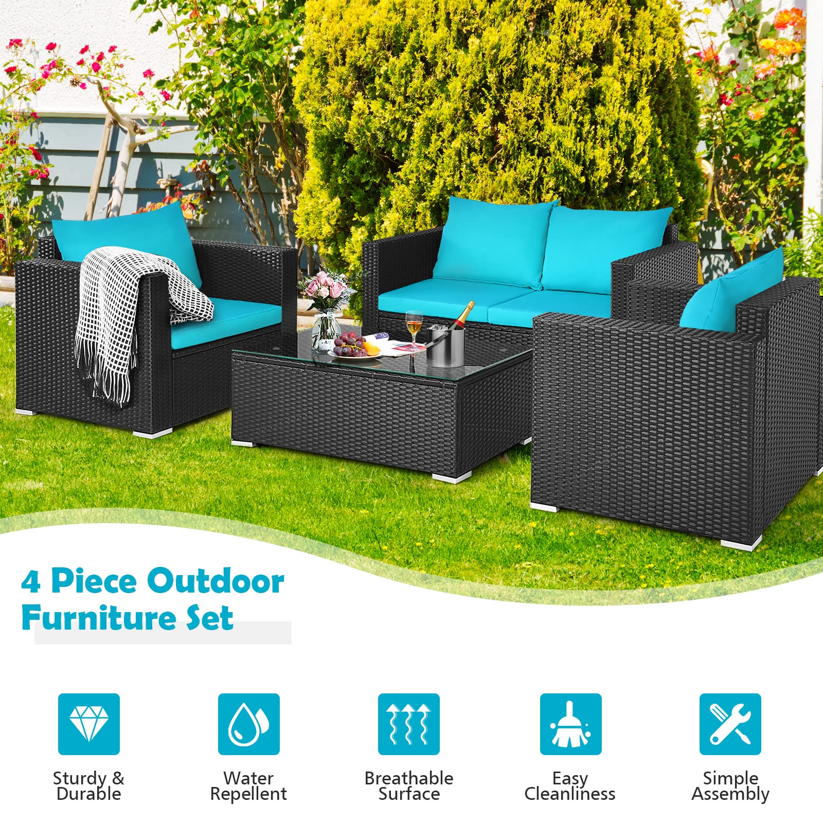 Tangkula 4-Piece Outdoor Patio Furniture Set - Rattan Wicker Sofa Sectional with Cushions & Tempered Glass Coffee Table - Turquoise Conversation Set for Garden, Backyard, Poolside & Courtyard Relaxation