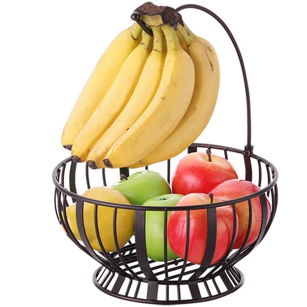 Vintage Metal Fruit Bowl with Banana Hanger - Rustic Wire Fruit Basket for Kitchen Counter Storage - Perfect for Displaying Apples, Bananas & Citrus Fruits on Dining Table or Pantry Organization