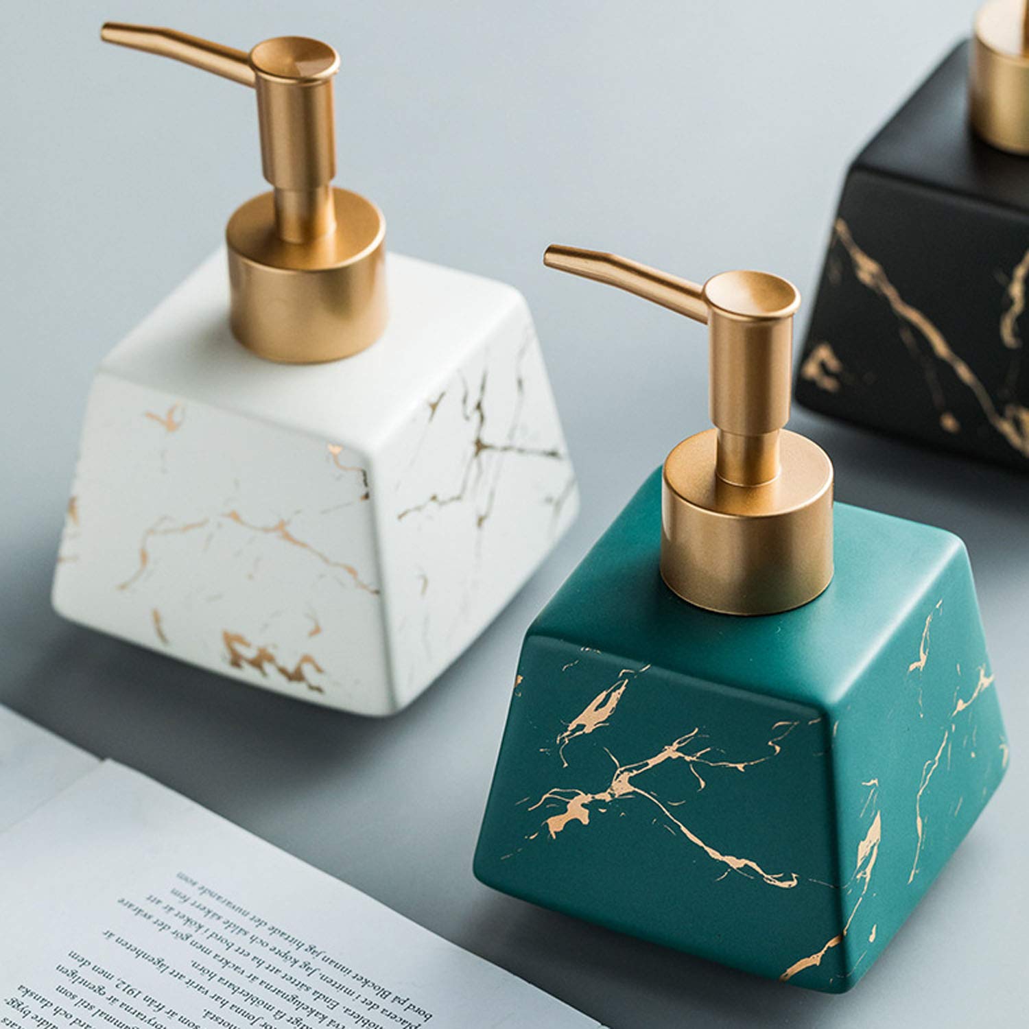 Premium Ceramic Soap Dispenser with Gold Pump - 8oz Square Bathroom Liquid Soap Bottle for Hand Soap, Lotion & Shampoo - Elegant Black & White Design - Perfect for Modern Bathrooms, Spa-Like Showers & Luxury Vanities