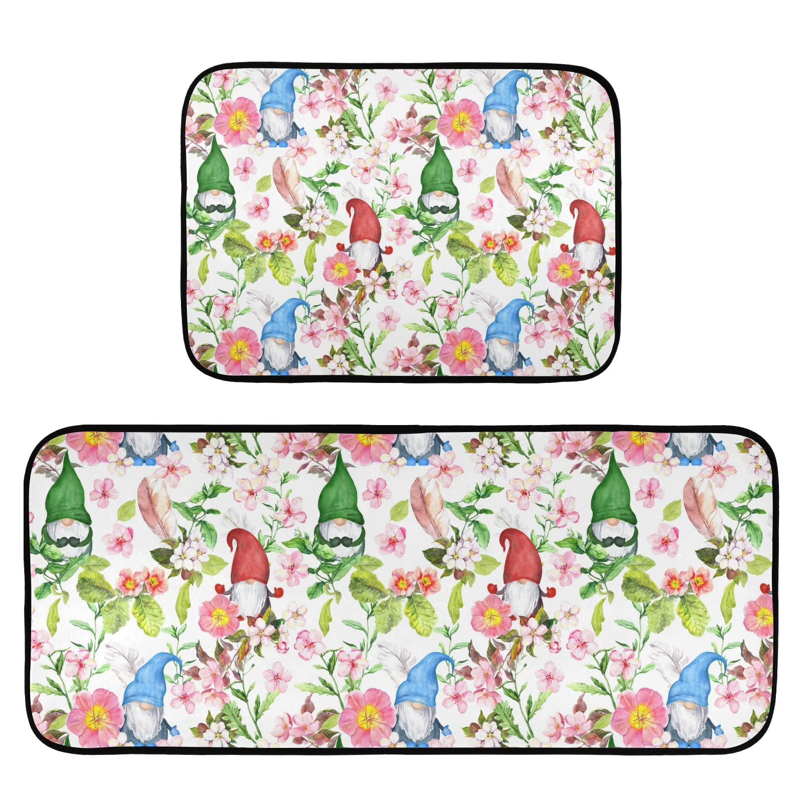 Non-Slip Spring Grass Flowers & Gnomes Kitchen Rugs Set of 2 - Waterproof Rubber Backing Runner Mats for Kitchen Sink, Laundry Room, Hallway & Office Decor - Perfect for Easter, Farmhouse & Cottage Style Homes