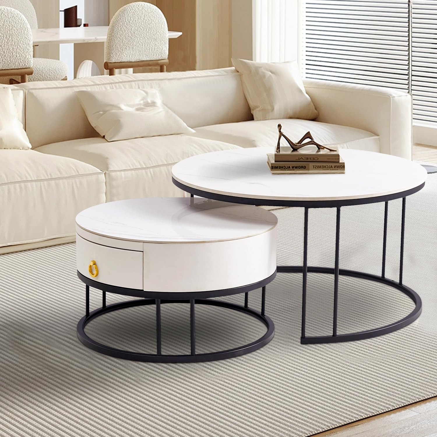 Modern Round Nesting Coffee Table Set of 2 with Sintered Stone Top & Metal Frame - Side End Tables with Hidden Storage Compartment for Living Room, Apartment, Office - Perfect for Small Spaces & Contemporary Home Decor