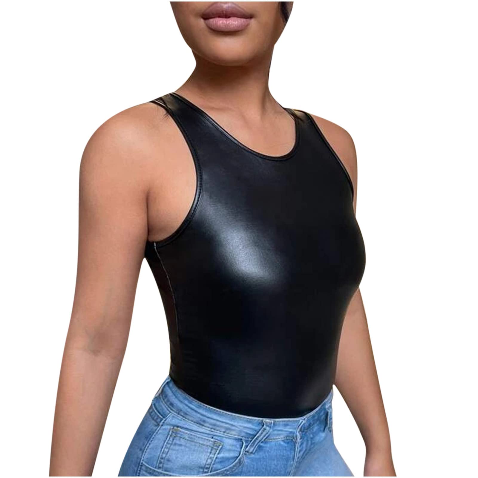 Sexy Black Leather Lingerie for Women - CofeeMO Breast Wrap Camisole & Latex Vest Top for Naughty Play, Date Night, Boudoir, and Role Play