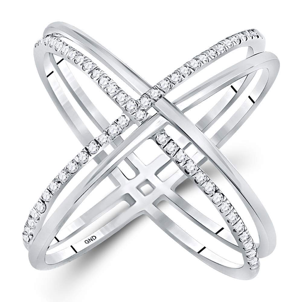 10K White Gold Women's Round Diamond Crossover Band Ring - 1/3 CTTW, Elegant Wedding Band, Anniversary Gift, Stackable Ring for Everyday Wear