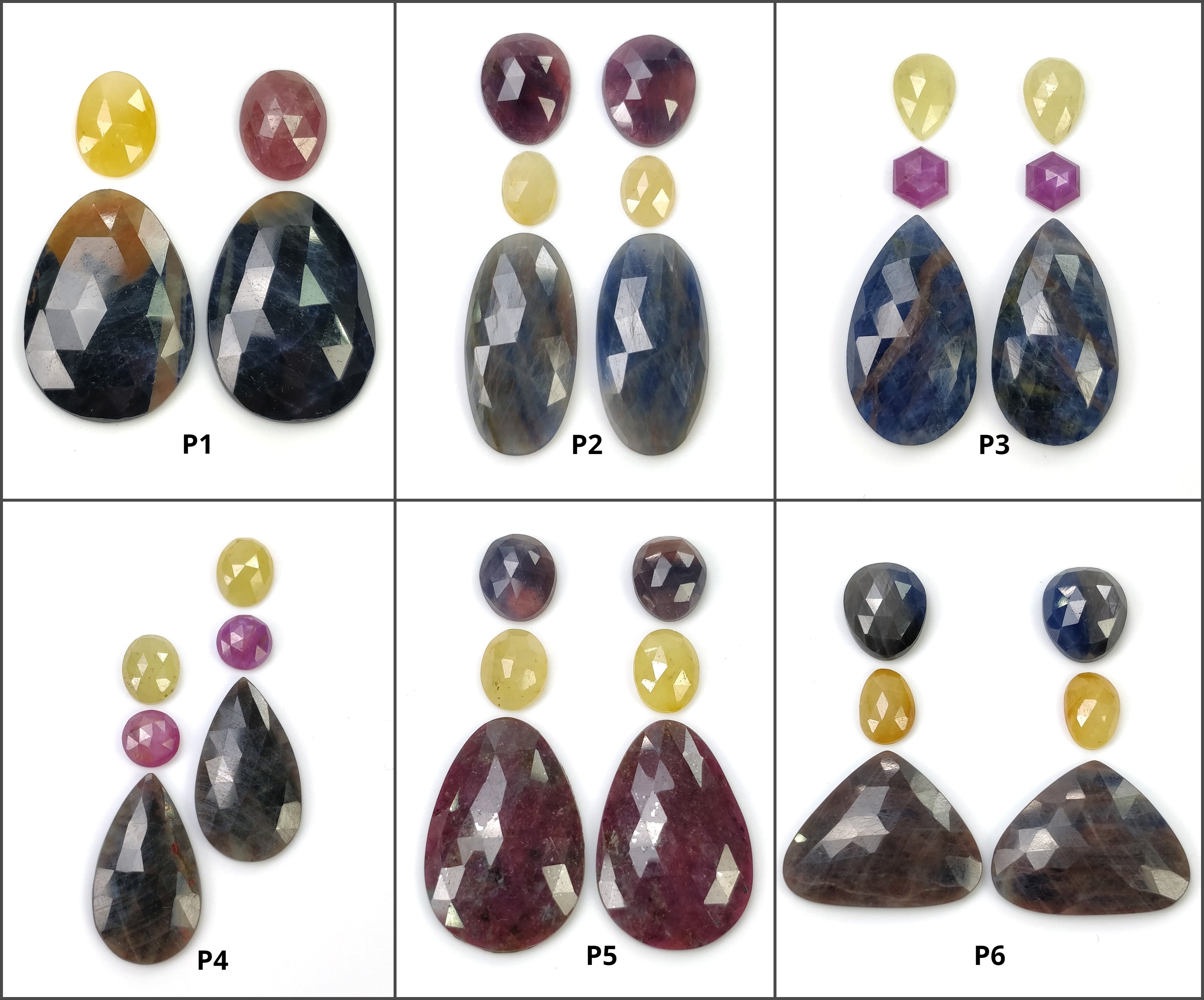Natural Untreated Unheated Bi-Color Sapphire Gemstones - Rose Cut Round, Pear & Oval Shapes (4pc/6pc Set) | Perfect for Jewelry Making, Engagement Rings & Unique Gift Ideas