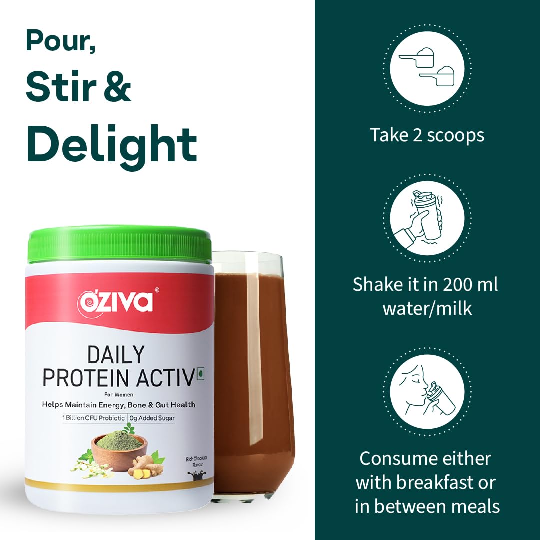 OZiva Daily Protein Activ for Women - Clean Protein Powder with Tulsi & Probiotics for Energy, Bone Health & Hormonal Balance - Chocolate Flavor (300g + Free Green Shaker) - Perfect for Post-Workout Recovery & Healthy Lifestyle