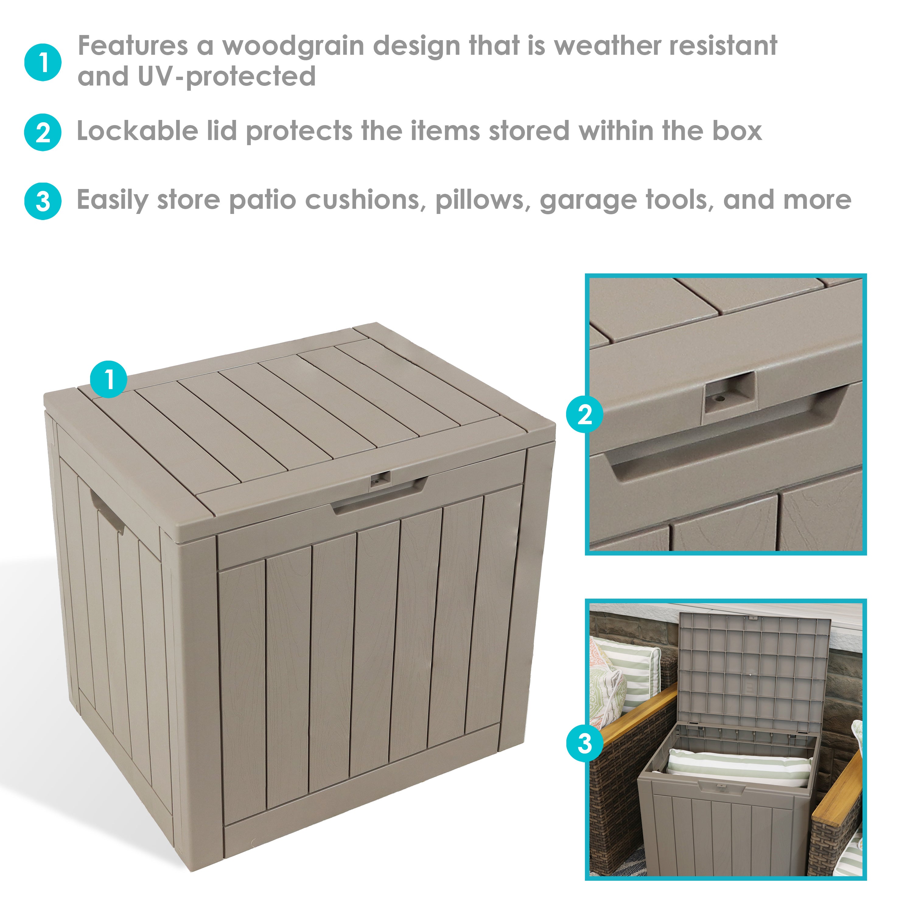 Sunnydaze 32 Gallon Small Deck Storage Box with Lockable Lid - Outdoor Patio Furniture Organizer for Cushions, Pillows, and Garden Tools