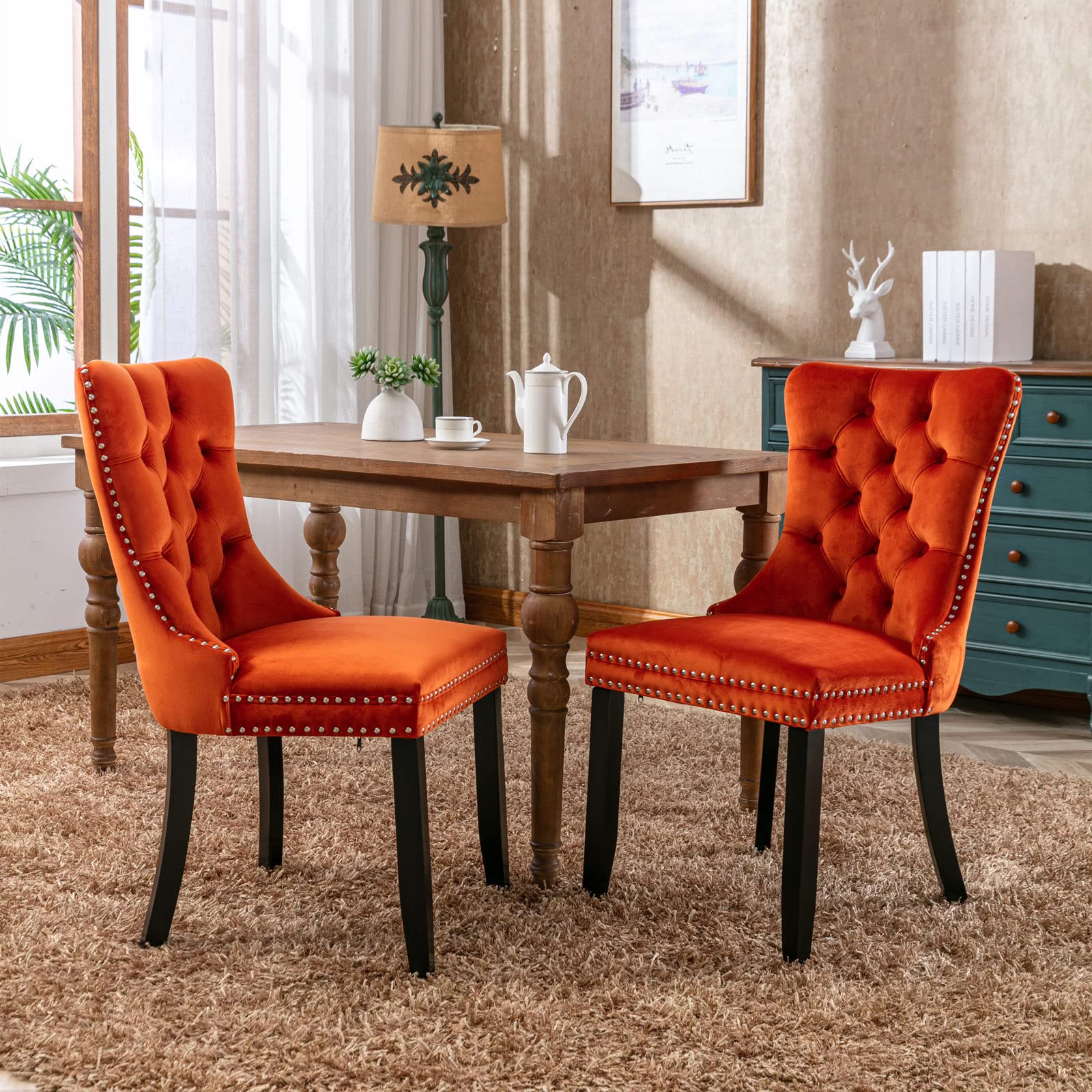 MeiBoAll Velvet Dining Chair Set of 2 - Luxurious Velvet Upholstery, Button Tufted Back, Wooden Legs & Chrome Nailhead Trim - Modern Accent Chairs for Dining Room, Kitchen, Bar & Home Decor - Stylish Orange Velvet Seating for Elegant Entertaining & Comfortable Dining