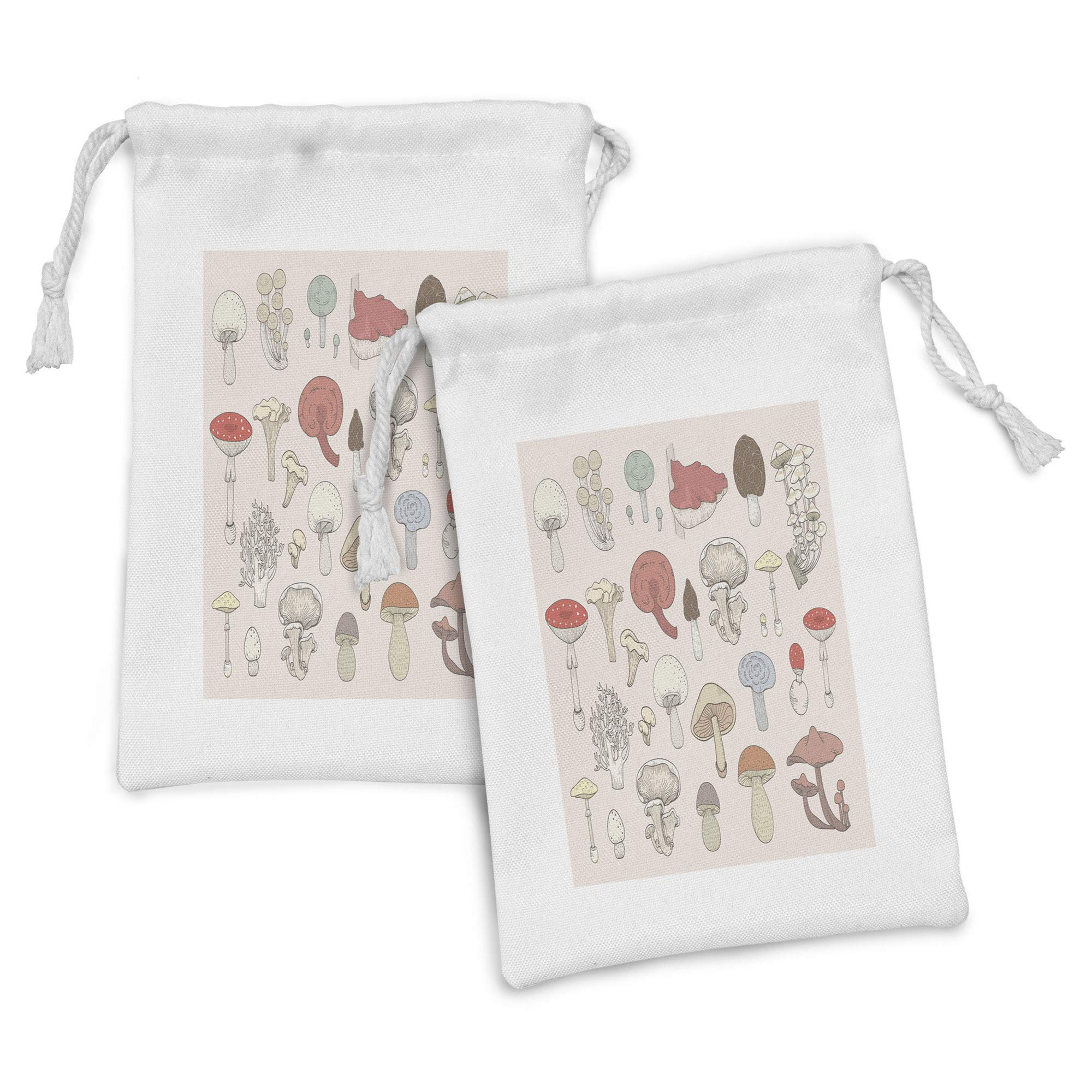 Ambesonne Cartoon Mushroom Fabric Pouch Set of 2 - Pastel Drawstring Bags for Toiletries, Makeup, Jewelry & Travel Accessories (9