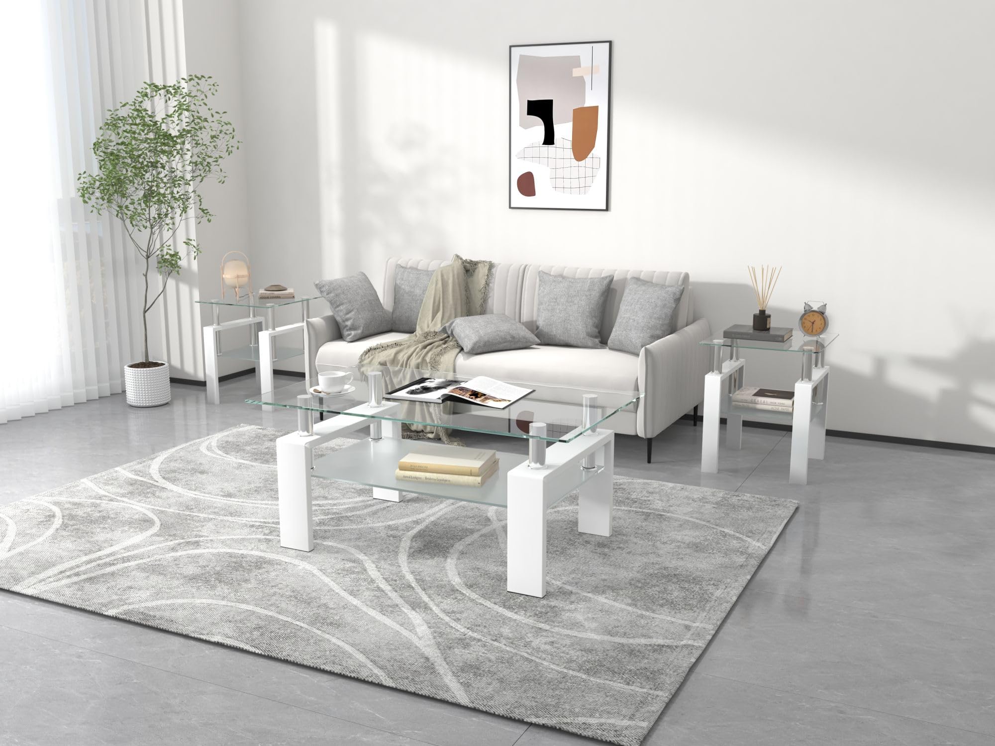 IANIYA Modern 3-Piece Tempered Glass Coffee Table Set - White Sleek Design Living Room Furniture with High Capacity - Perfect for Small Spaces, Apartments & Contemporary Home Decor