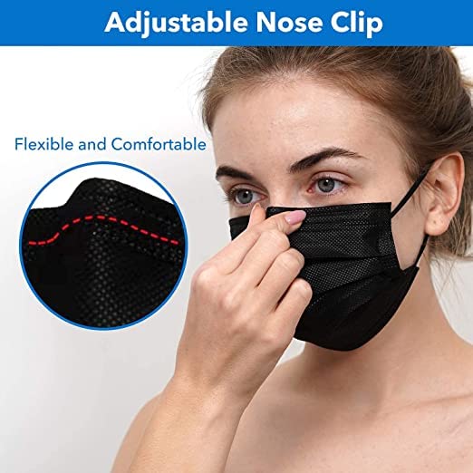 Disposable 3-Layer Non-Woven Surgical Face Masks with Nose Clip - CE, GMP & ISO Certified for Men & Women (Black+Blue, 100 Pack) - Ideal for Healthcare, Travel & Daily Protection