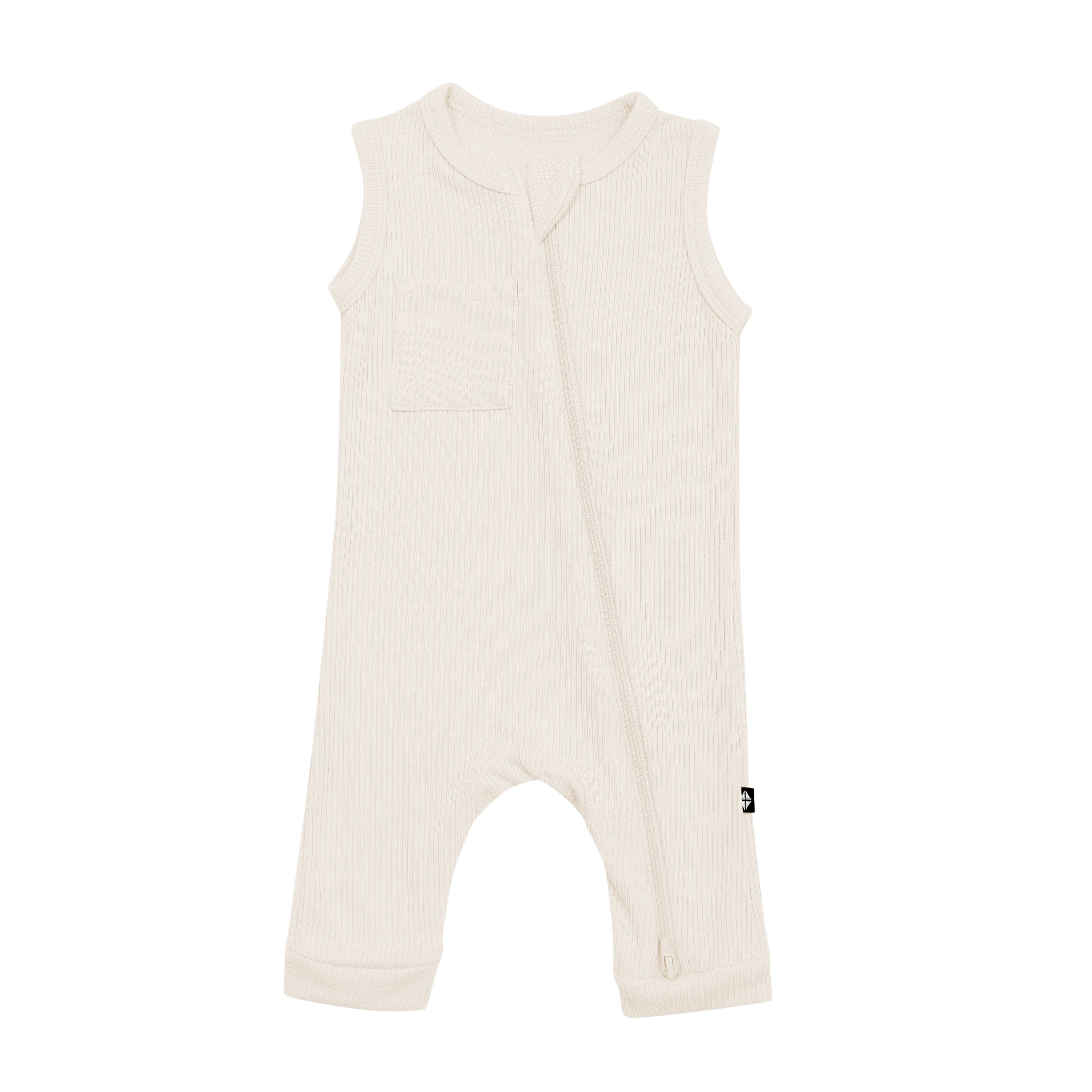 Ribbed Zippered Sleeveless Romper in Oat - Women's Casual Jumpsuit for Summer Outings, Beach Vacations & Street Style Fashion