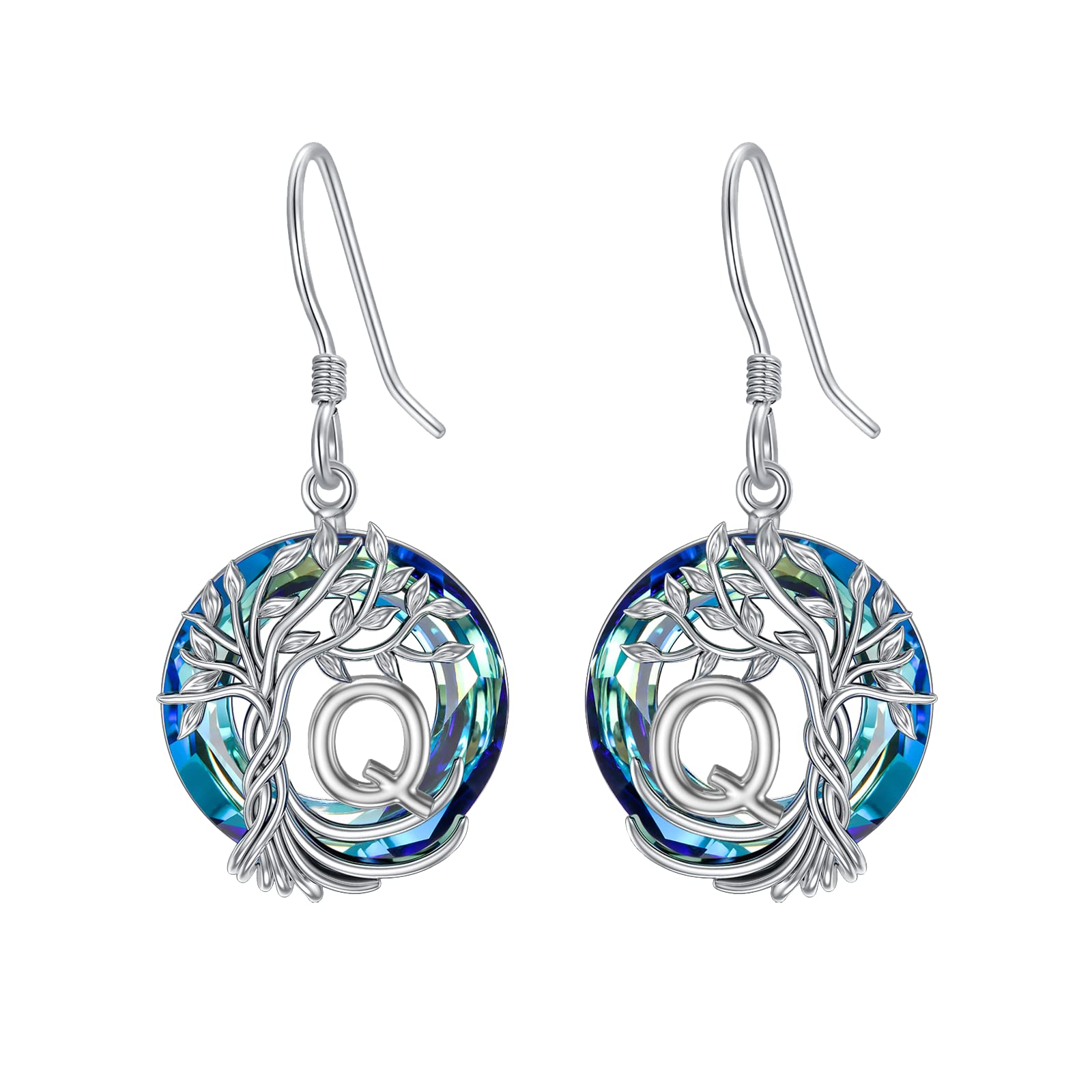 TOUPOP Tree of Life Initial Earrings - 925 Sterling Silver A-Z Letter Drop Dangle Earrings with Blue Circle Crystal | Valentine's Day, Anniversary & Birthday Gifts for Women, Girlfriend & Mom | Perfect for Romantic Occasions, Mother's Day & Special Celebrations