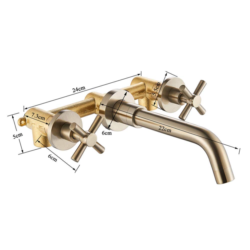 Brushed Gold Wall Mounted Bathroom Sink Faucet - Double Handle Hot and Cold Mixer Tap for Modern Bathroom Vanity | Perfect for Small Spaces and Powder Rooms