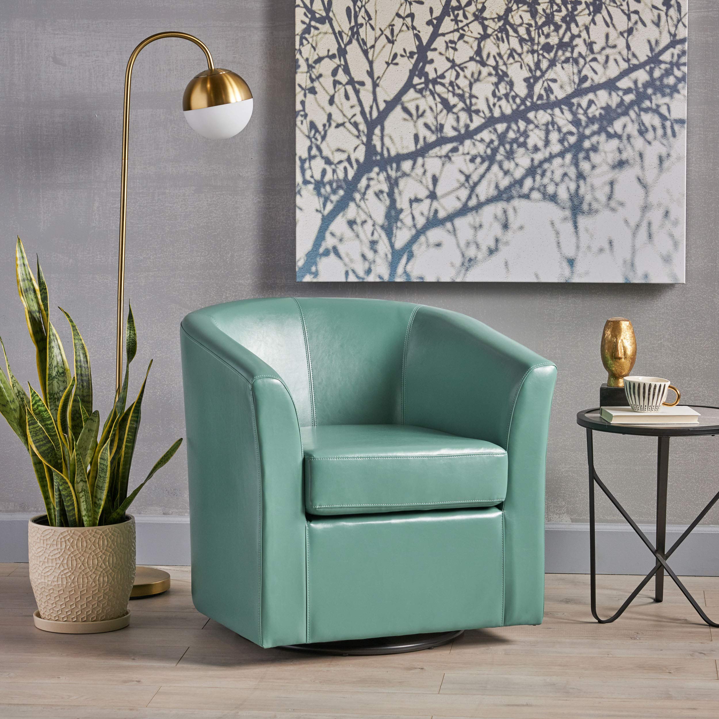 GDFStudio Genuine Leather Swivel Club Chair - Turquoise Upholstered Living Room Accent Chair for Home Office, Lounge & Reading Nook