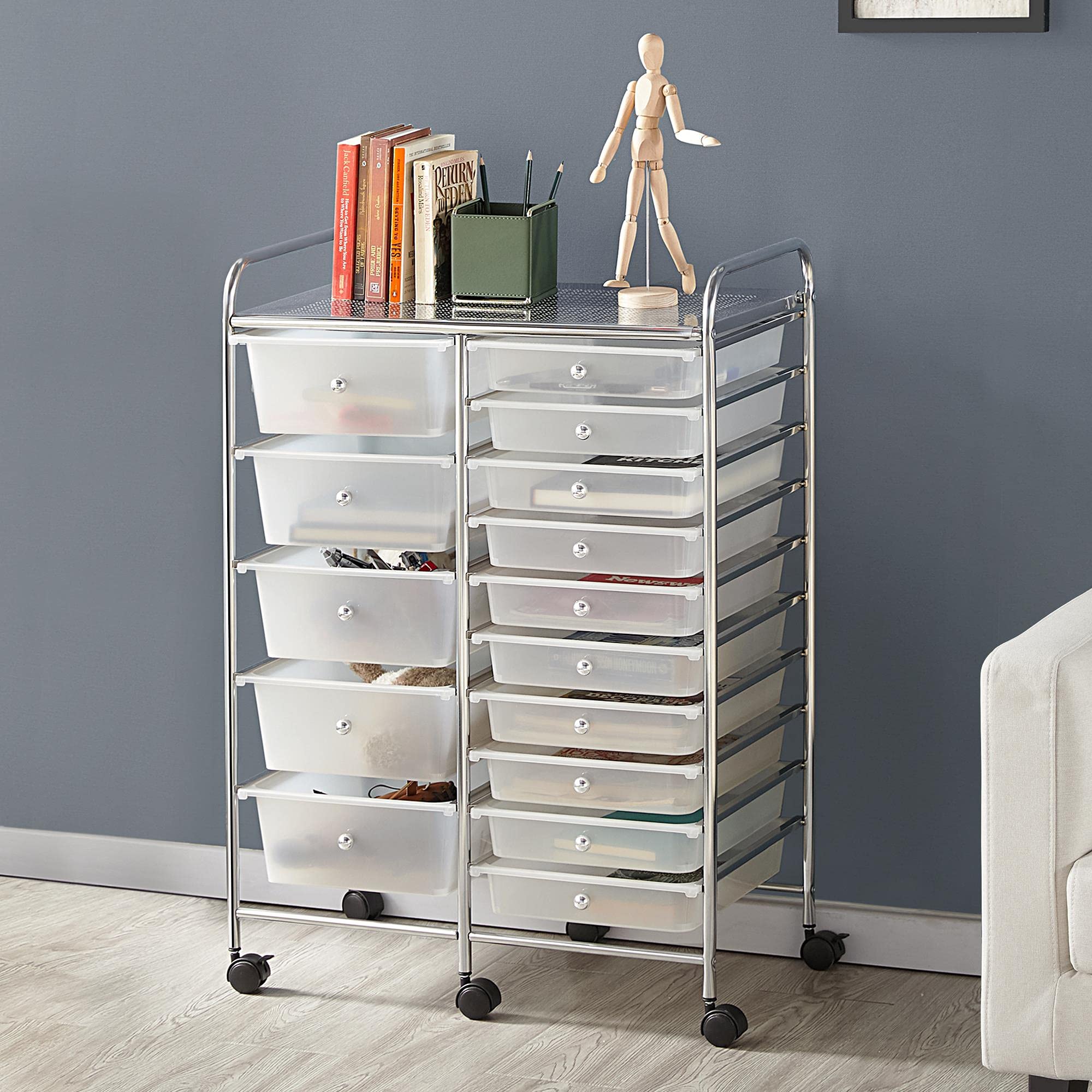 Yaheetech 15-Drawer Rolling Cart - Mobile Storage Organizer for Home & Office, White
