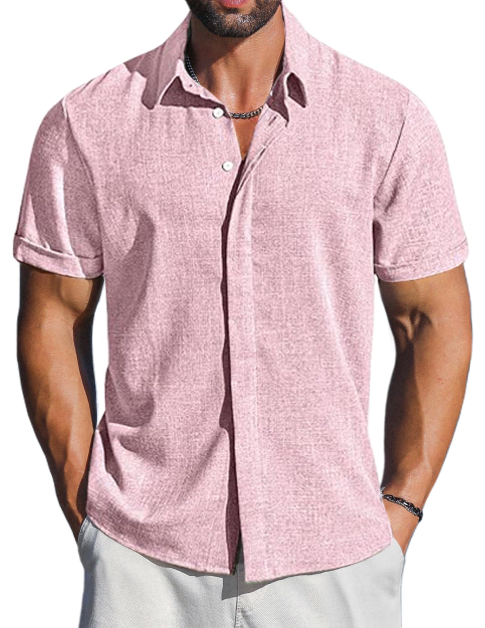 LETSEE Men's Linen Short Sleeve Button Down Shirt - Breathable Casual Summer Dress Shirt for Beach Vacation & Outdoor Activities | Lightweight Fashion Top for Travel, Party, and Business Casual Wear