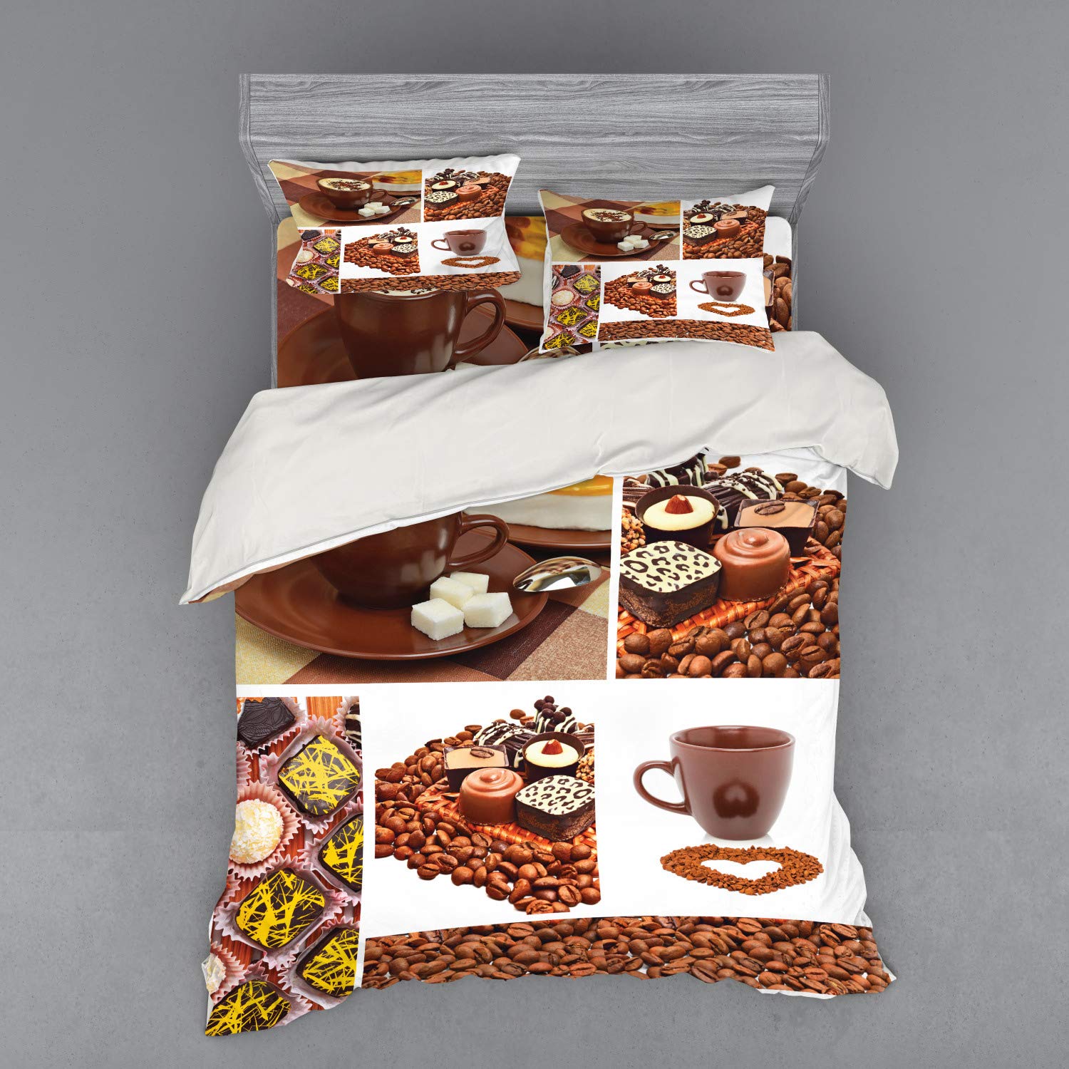 Ambesonne 4-Piece Queen Size Coffee Duvet Cover Set - Chocolate Sweets, Muffins, Coffee Beans & Mugs Design, Multicolor Bedding with Shams & Fitted Sheet | Perfect for Coffee Lovers' Bedroom Decor & Gift Idea