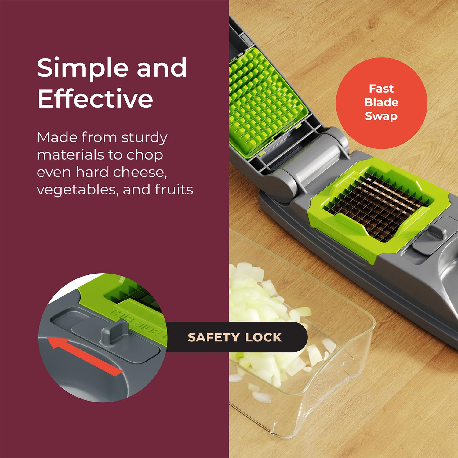 MuellerLiving 4-Blade Onion Chopper - Multi-Functional Vegetable Dicer, Grape Cutter & Egg Cheese Slicer with Storage Container - Perfect for Meal Prep, Salad Making & Kitchen Efficiency