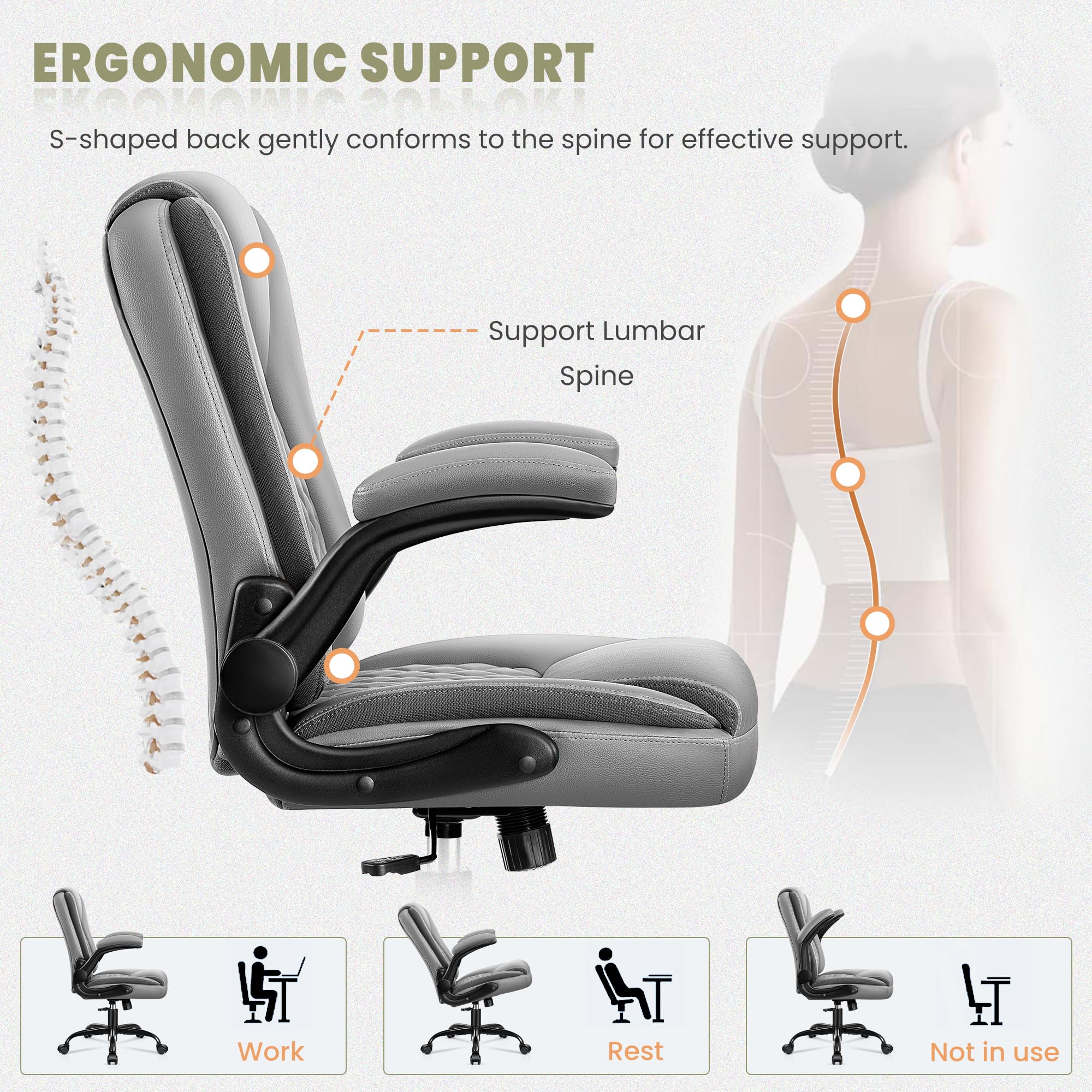 Premium Ergonomic Office Chair - Executive Leather Computer Desk Chair with Wheels, Swivel, Lumbar Support & Flip-Up Armrests - Gray - Perfect for Home Office, Gaming & Workspaces