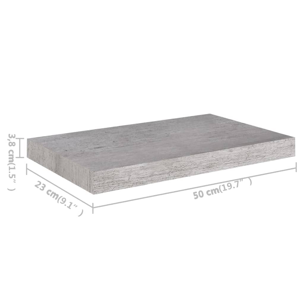 Floating Wall Shelf Set of 2 - Modern Concrete Gray MDF Wall Mounted Shelves 19.7