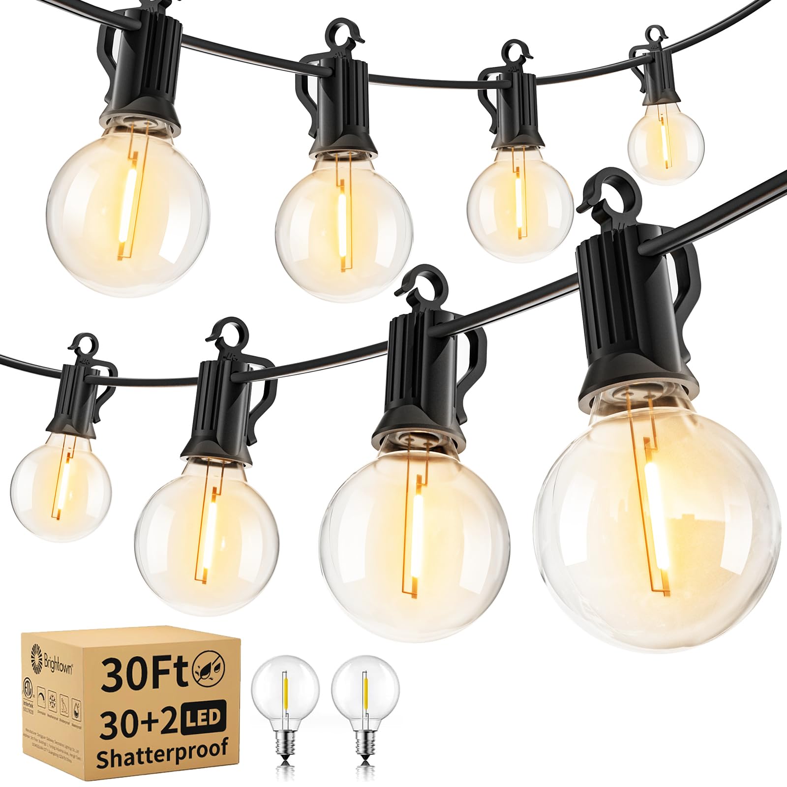 Brightown 30 Ft Outdoor String Lights with 30 Shatterproof G40 LED Bulbs - Waterproof Connectable Commercial Hanging Lights for Backyard, Patio, Porch, Deck, Bistro & Cafe | Perfect for Garden Parties, Weddings & Outdoor Dining