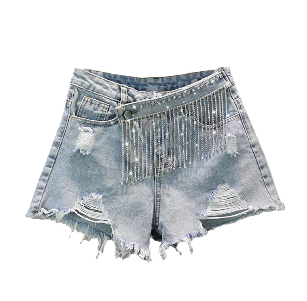 Women's High Waist Denim Patchwork Shorts with Diamond Tassel Details - Distressed Casual Summer Shorts for Women | Perfect for Beach, Music Festivals & Street Style