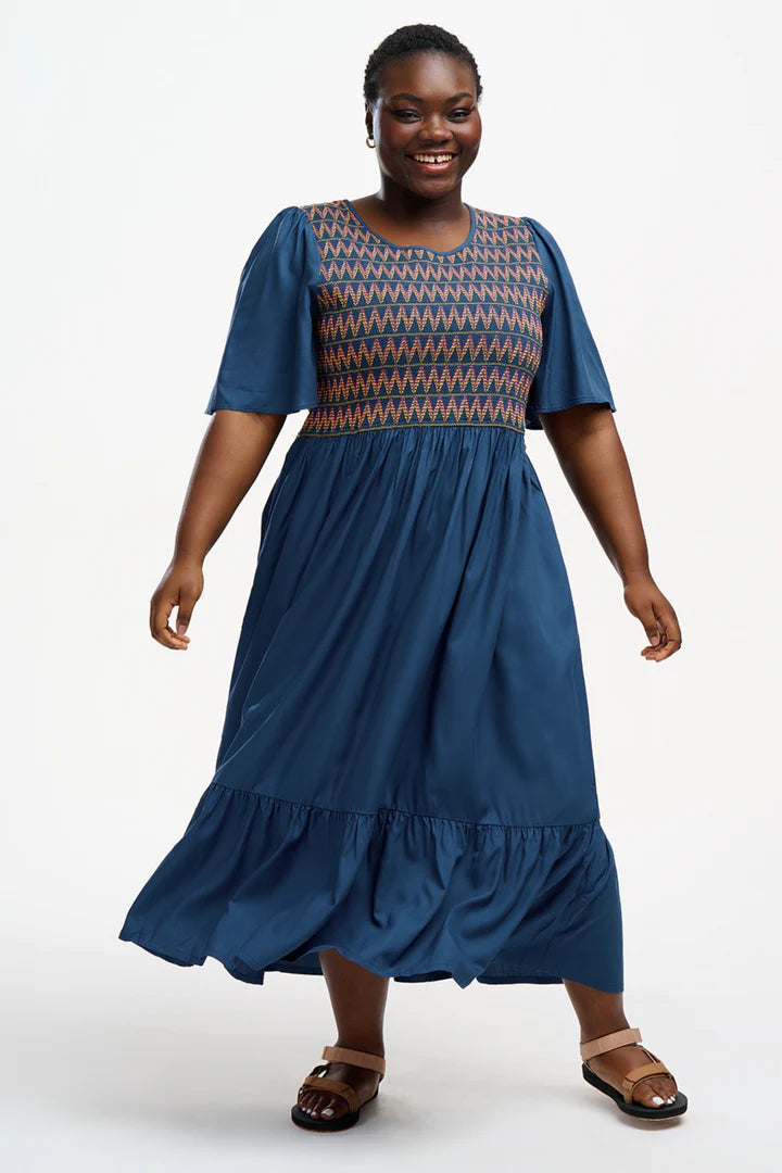 Brielle Midi Shirred Dress - Washed Navy Zigzag Shirring Flowy Summer Dress for Women | Beach Vacation, Date Night, Casual Outings