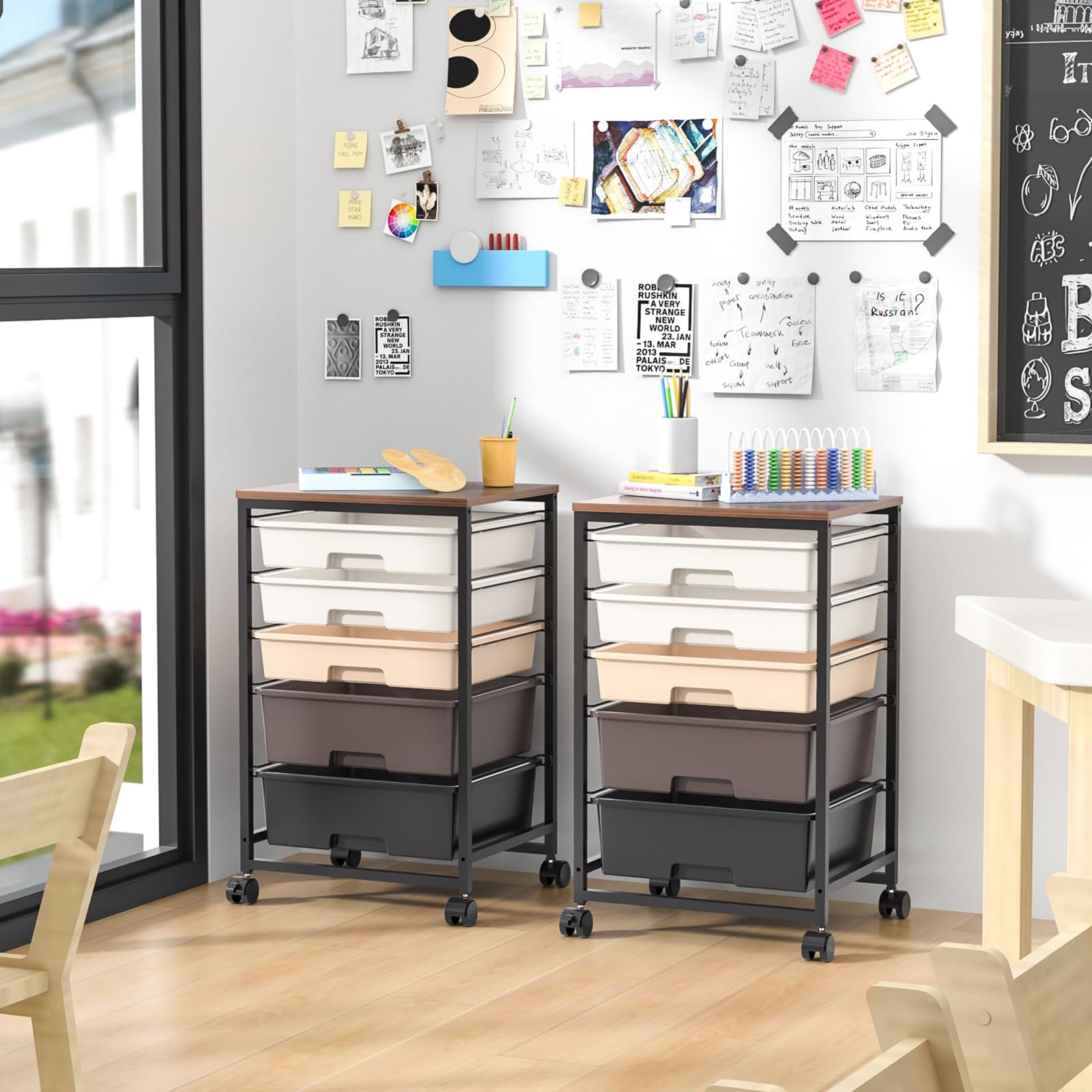 5-Drawer Utility Cart with Wooden Tabletop & Lockable Wheels - Large Capacity Rolling Storage Cart for Office, Kitchen, or Workshop Organization (Brown)