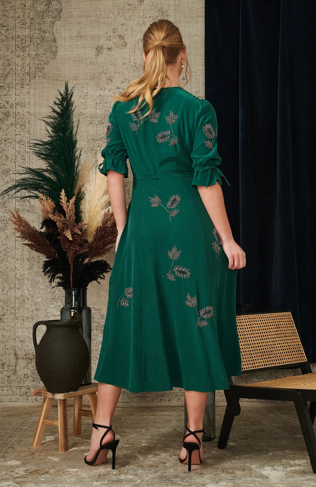 Harley Satin Wrap Dress for Women - Elegant Green Midi Dress with V-Neck & Belt - Perfect for Date Night, Cocktail Party & Office Wear