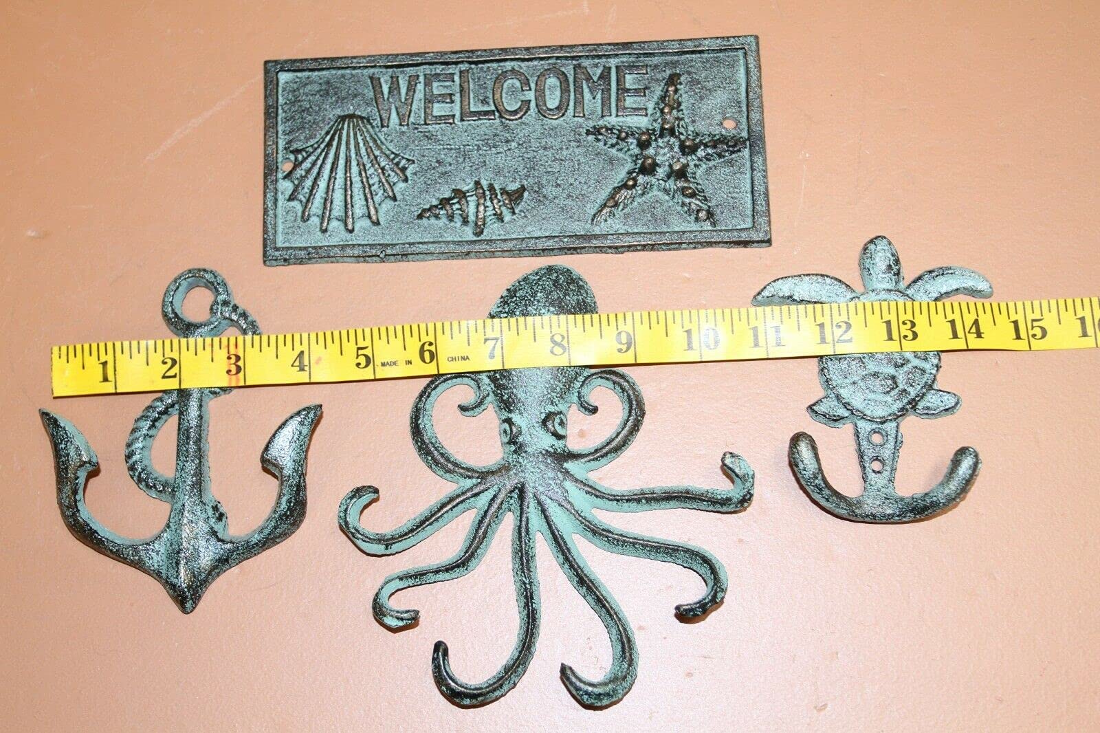 Cast Iron Sea Turtle Octopus Nautical Anchor Coat Hooks Set - Rustic Coastal Wall Decor for Entryway, Bathroom, or Beach House