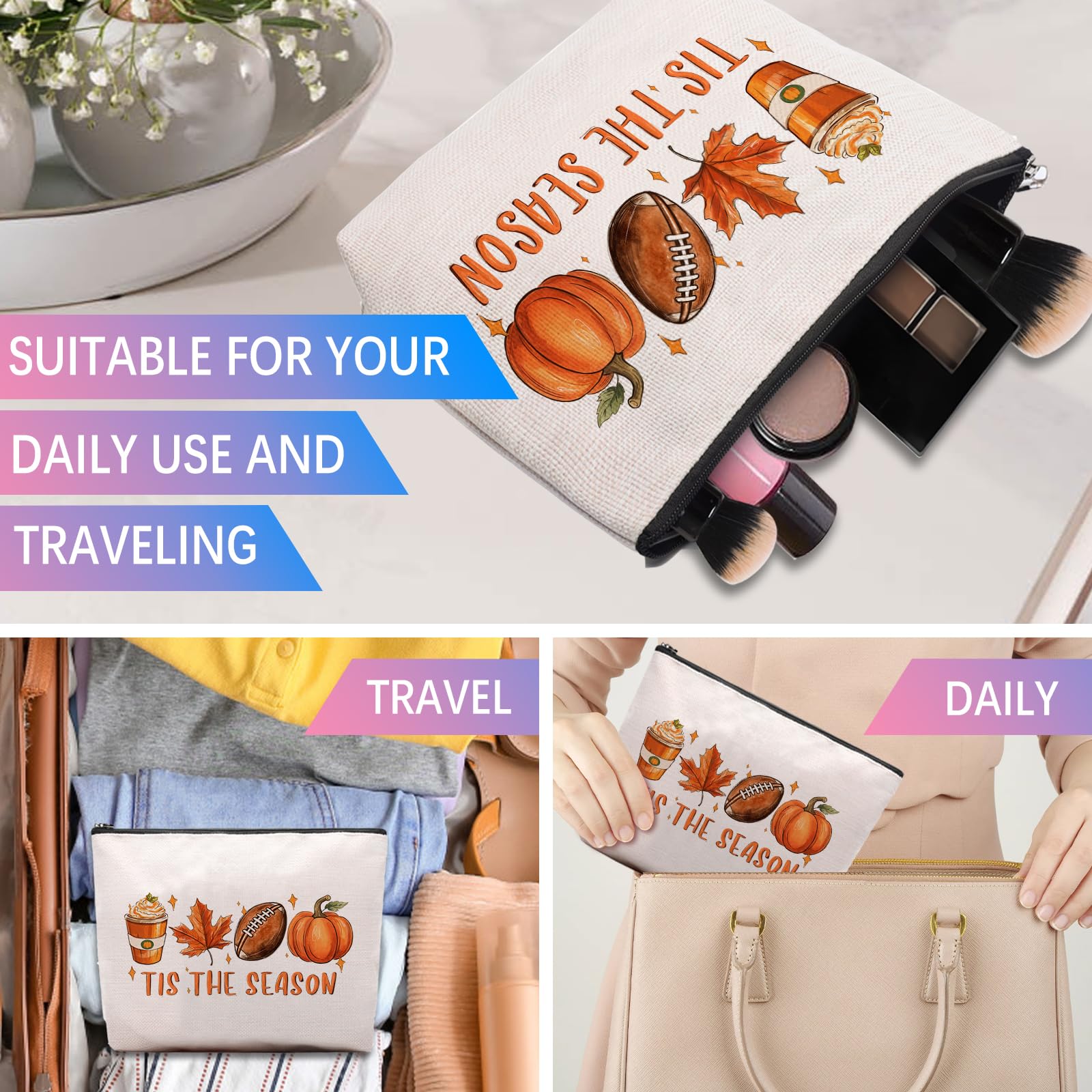 **Pumpkin Fall Decor Makeup Bag | Farmhouse Autumn Cosmetic Pouch for Women | Cute Thanksgiving & Harvest Home Office Decor | Travel & Daily Use**
