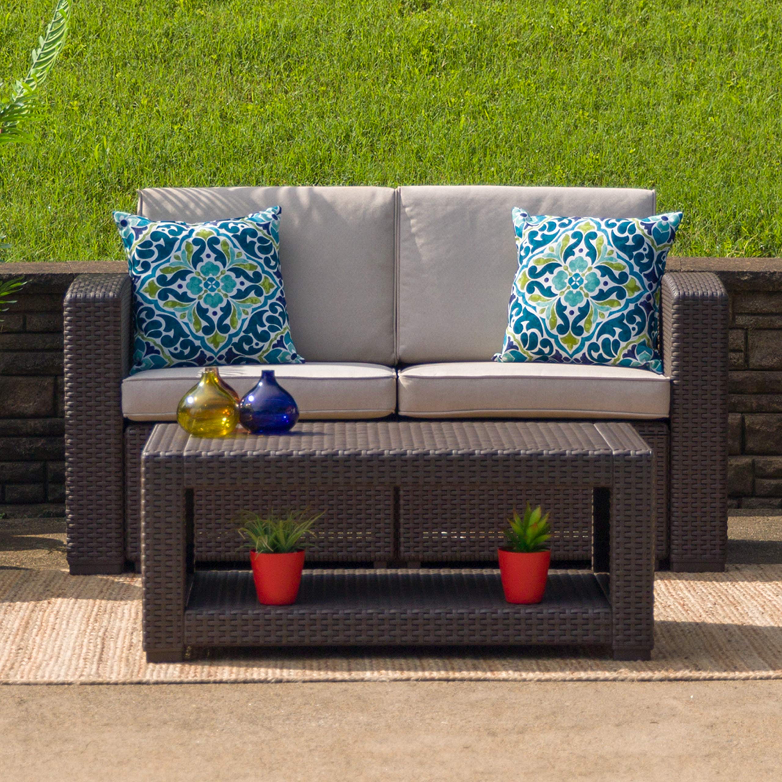 Flash Furniture Seneca Chocolate Brown Faux Rattan Loveseat with All-Weather Beige Cushions - Outdoor Patio, Garden, Poolside Seating for 2