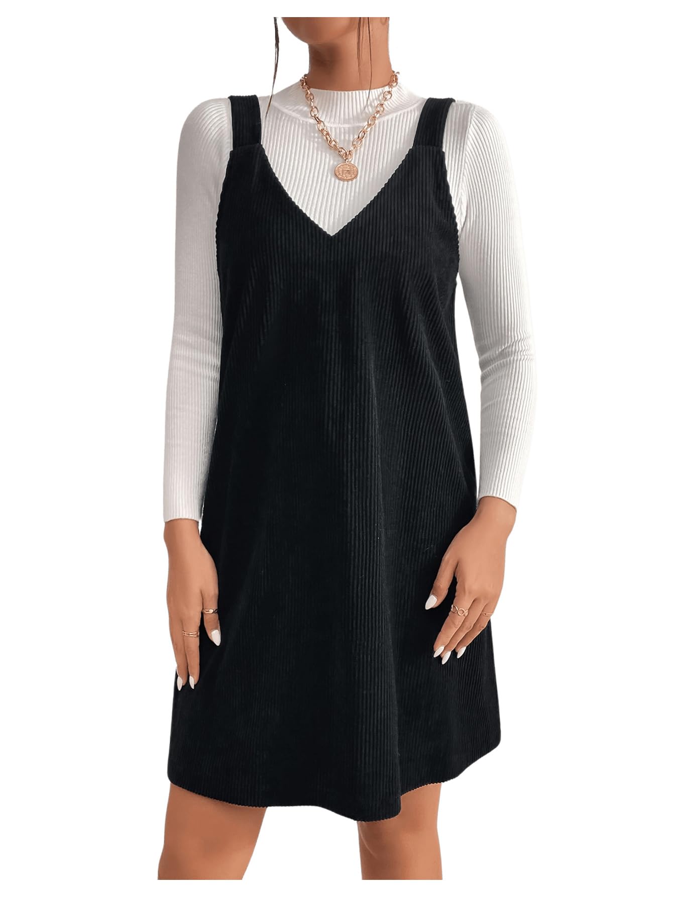 COZYEASE Women's Corduroy Pinafore Jumper Dress - V-Neck Sleeveless Mini Overalls for Casual Outings, Date Nights & Fall Fashion