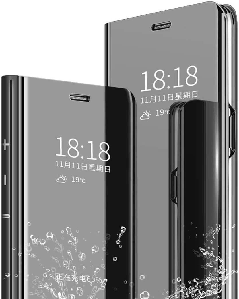Luxury Mirror Design Clear View Smart Window Phone Case for Samsung Galaxy A20/A30 - Wireless Charging Compatible Flip Cover with Makeup Mirror (Black) - Perfect for Makeup Touch-ups, Selfies & Everyday Protection