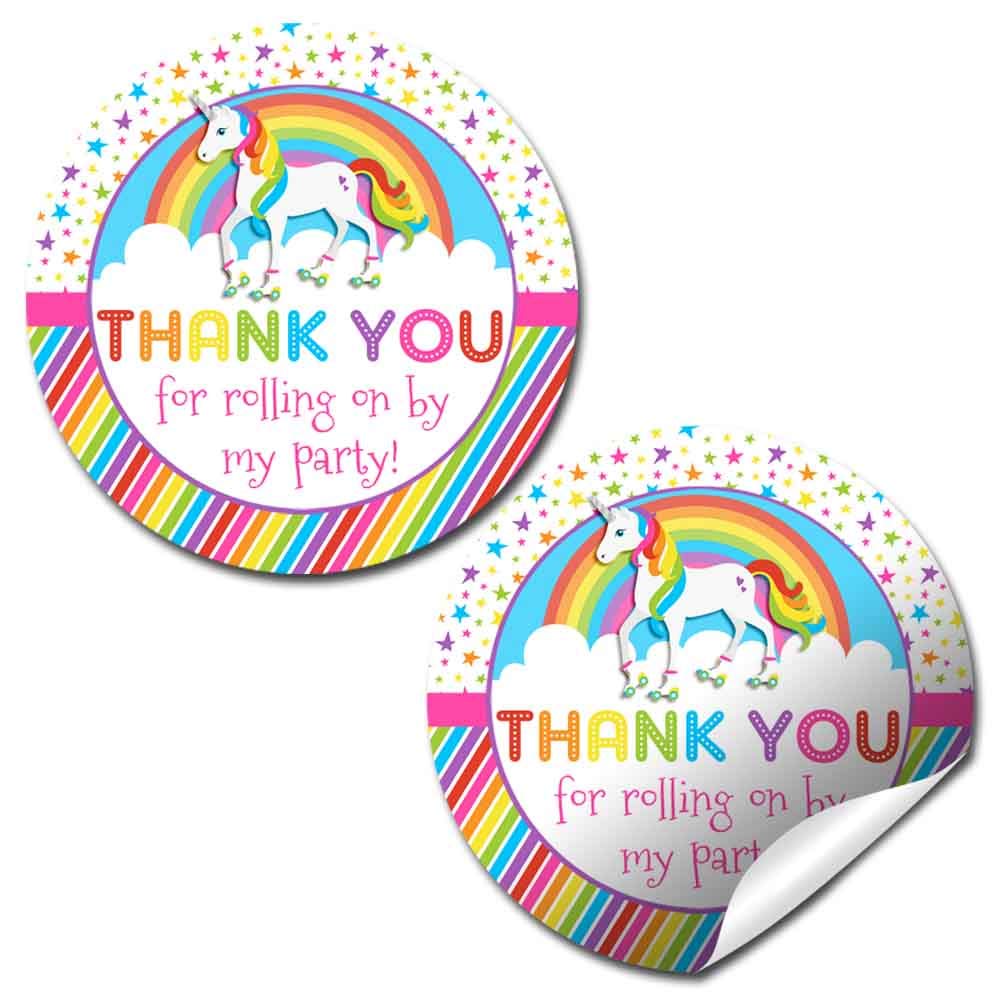 Rainbow Unicorn Roller Skate Thank You Stickers for Kids - 40 Pack 2 Inch Circle Party Labels by AmandaCreation - Perfect for Birthday Favors, Envelope Seals, Goodie Bags & Scrapbooking