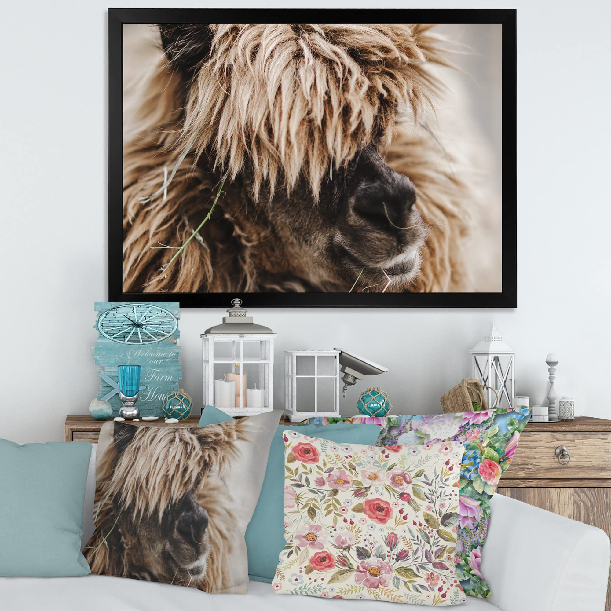 Fluffy Curly Alpaca Framed Wall Art - Handmade Farmhouse Decor for Living Room, Bedroom & Nursery - Cozy Animal Portrait Painting for Home & Office
