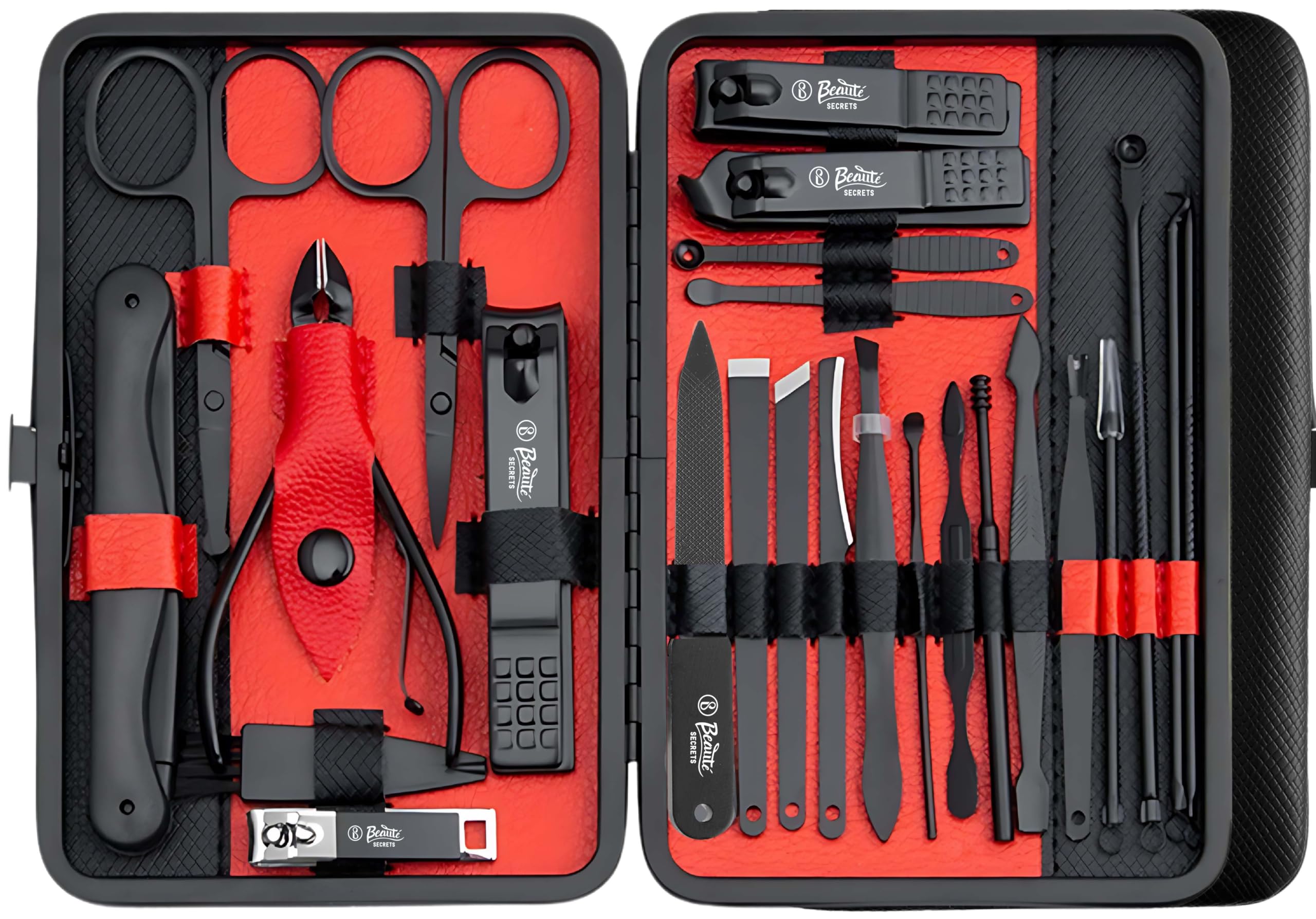 Beauté Secrets 25-Piece Professional Manicure & Pedicure Kit - Stainless Steel Nail Clippers, Cutters, Files & Sharp Scissors for Fingernails & Toenails with Portable Travel Case (Blue/Red) - Perfect for Home, Salon & Travel Grooming Essentials