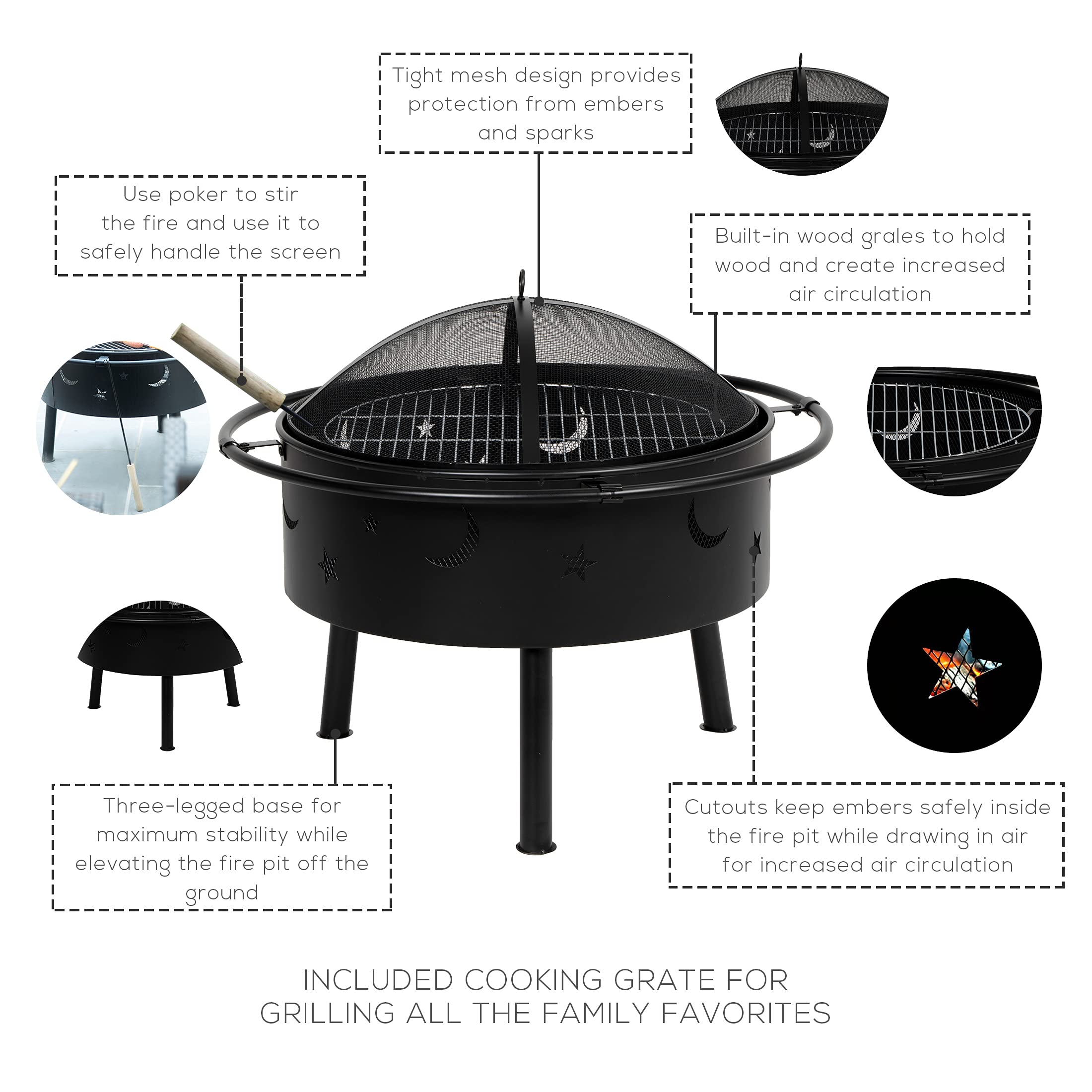 WestinTrends Heavy Duty Large Fire Pit Bowl - Star & Moon Design Steel Wood Burning Firepit for Outdoor Cooking, BBQ, Grill - Perfect for Patio, Backyard, Garden & Beach Campfires