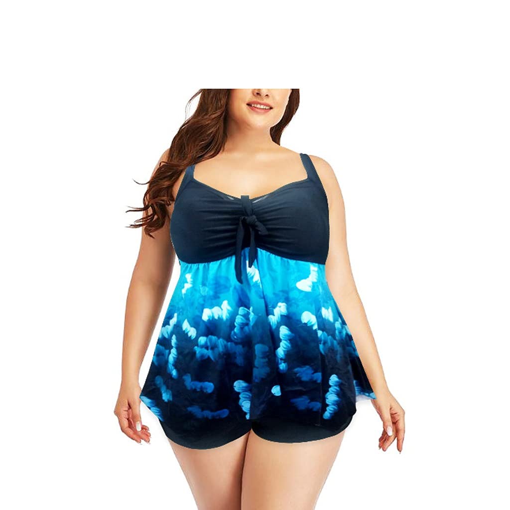 KLHHG Women's Plus Size 8XL Vintage Print Tankini Swimwear Set - Boxer & Skirt Two-Piece Bathing Suit for Beach & Pool (Blue, XXL) | Perfect for Curvy Women, Vacation Swimwear, Water Aerobics