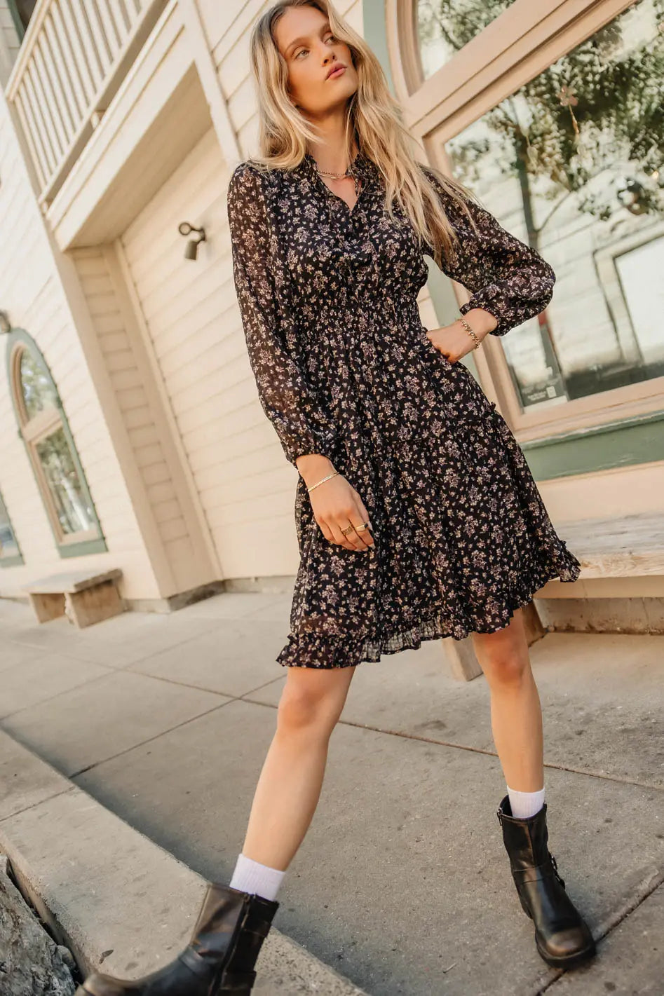 Layne Ruffled Floral Summer Dress for Women - Boho Chic Maxi Dress with V-Neck & Long Sleeves | Perfect for Beach Vacations, Date Nights & Outdoor Weddings